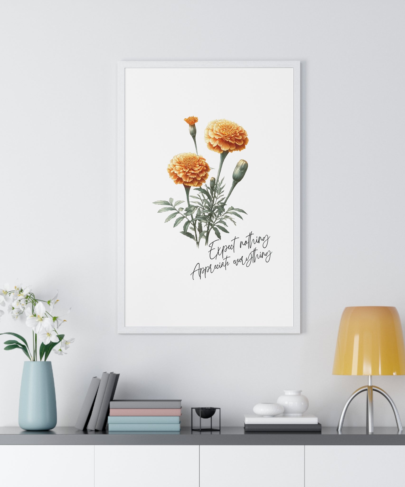 October Birth Month Flower Wall Art – Marigold Illustration with Inspirational Quote in Wooden Frame