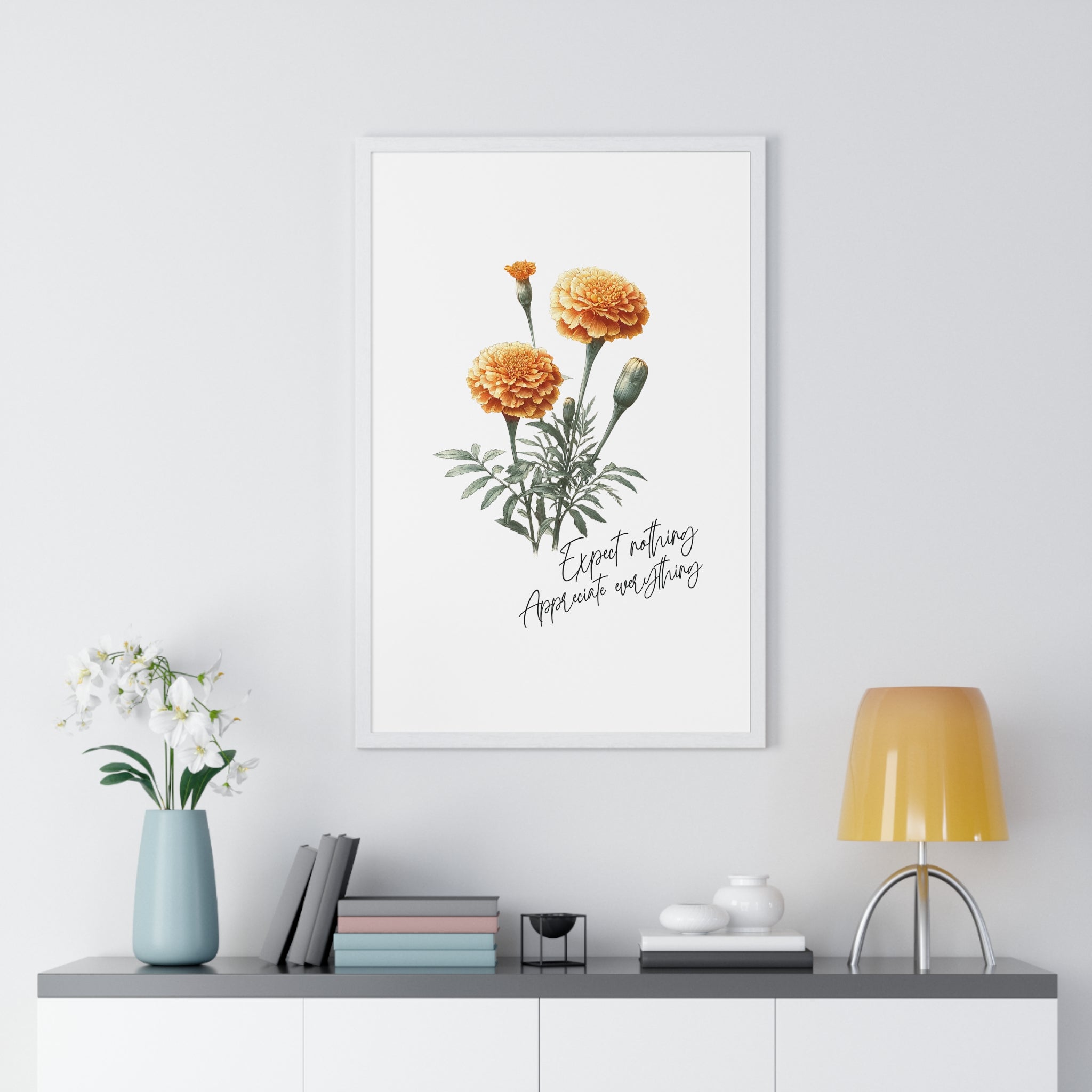 October Birth Month Flower Wall Art – Marigold Illustration with Inspirational Quote in Wooden Frame