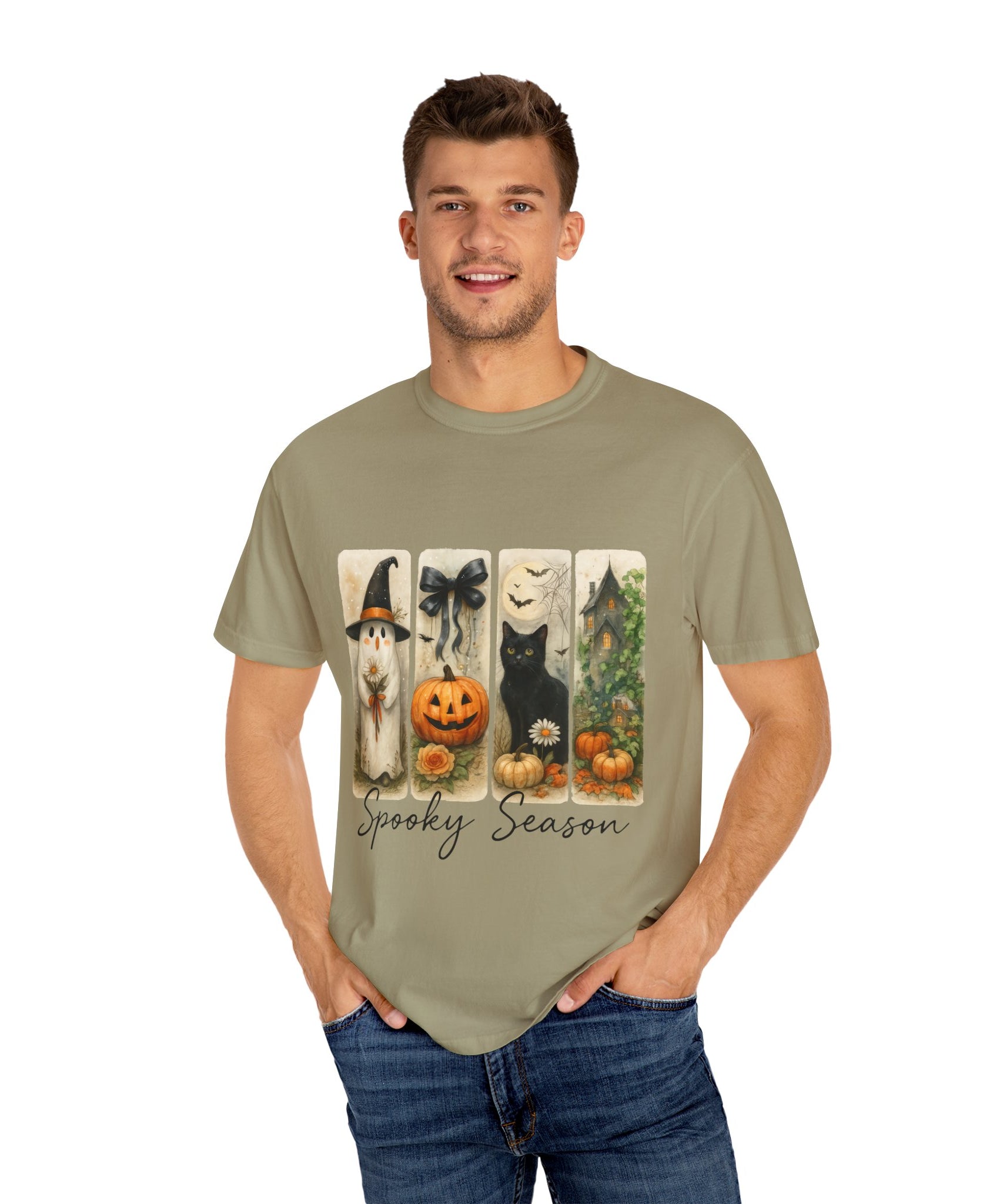 Vintage Halloween Unisex T-Shirt – Cute Ghost, Black Cat, Pumpkin & Haunted House Art - Gallory Hive
