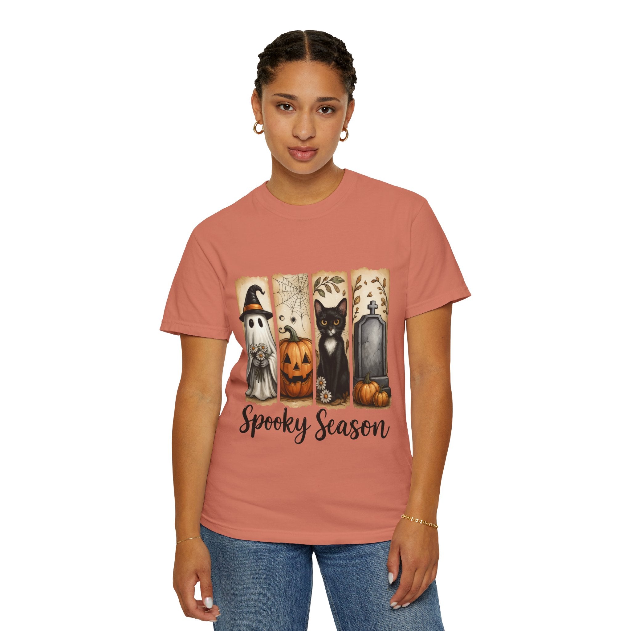 Spooky Season Halloween Unisex T-Shirt – Ghost, Cat & Pumpkin Design