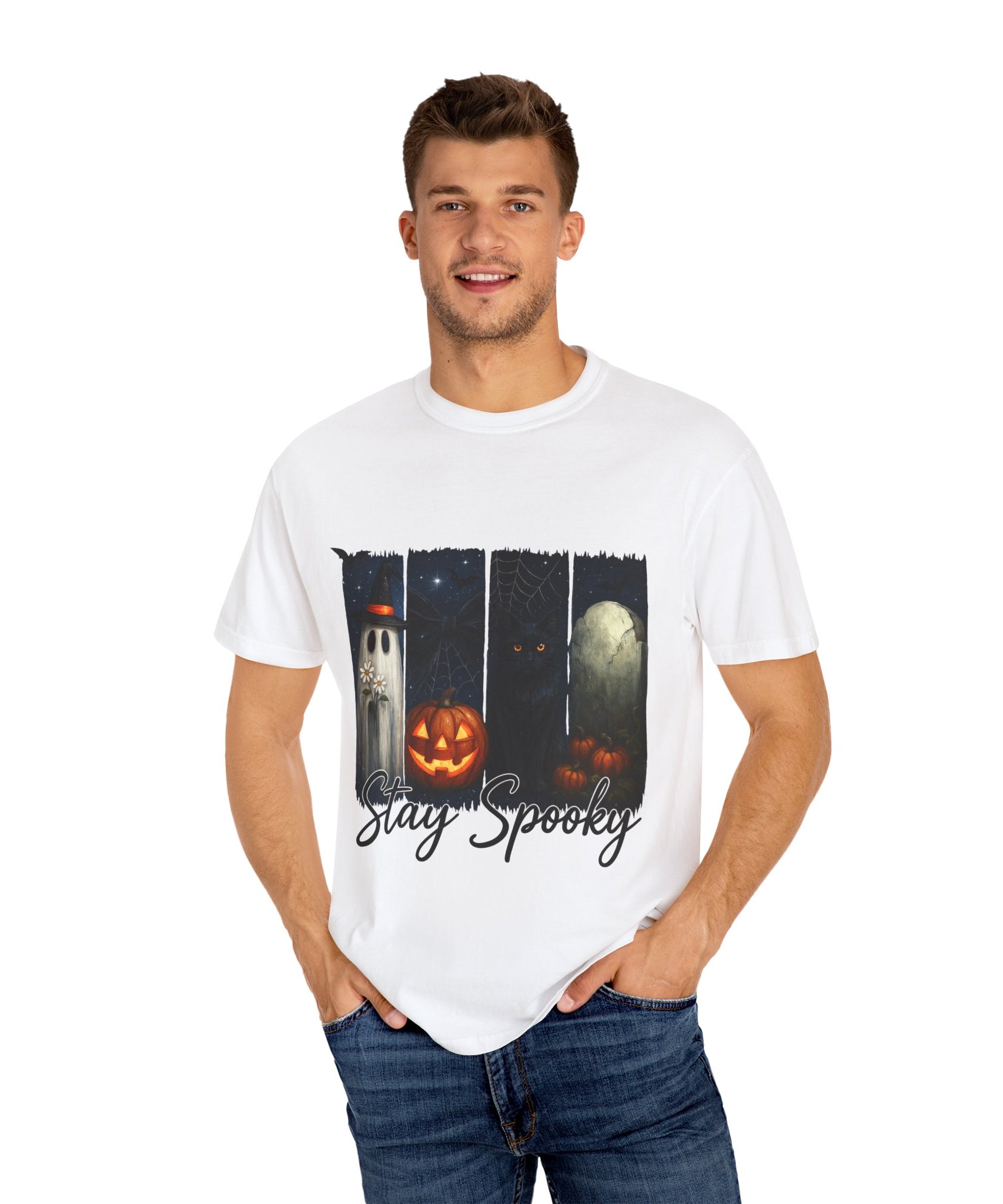 Stay Spooky Halloween T-Shirt – Cute Ghost, Black Cat, Pumpkin & Graveyard Design - Gallory Hive