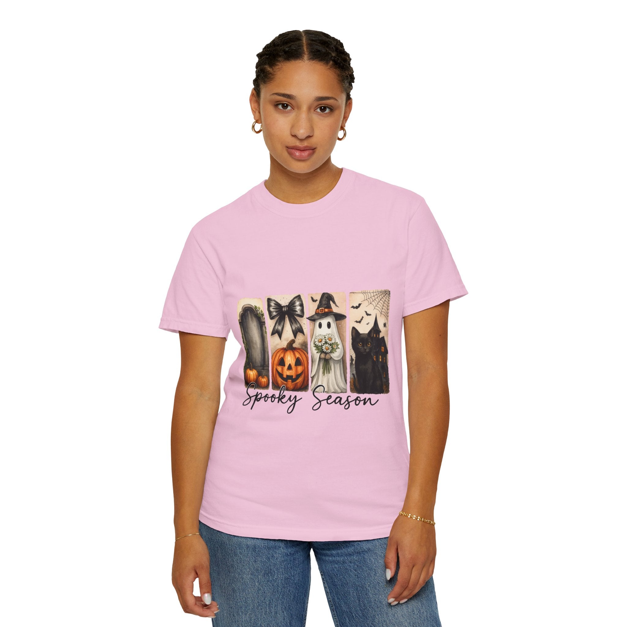 Spooky Season Unisex Halloween T-Shirt – Ghost, Black Cat, Pumpkin & Haunted House Art