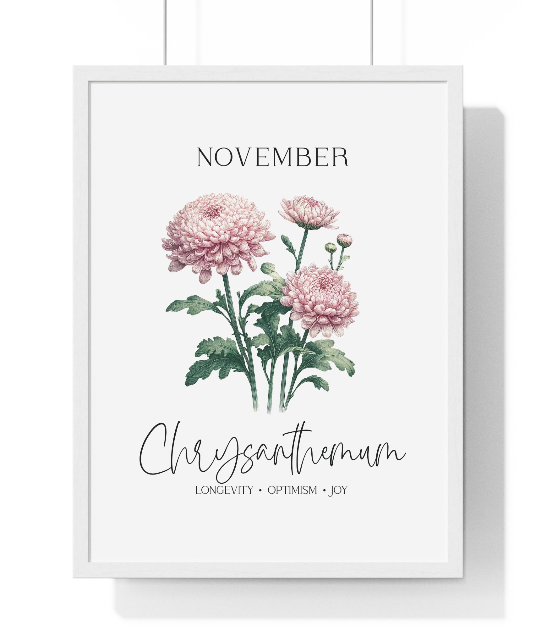 November Birth Month Flower Wall Art – Chrysanthemum Illustration in Wooden Frame | Longevity, Optimism & Joy
