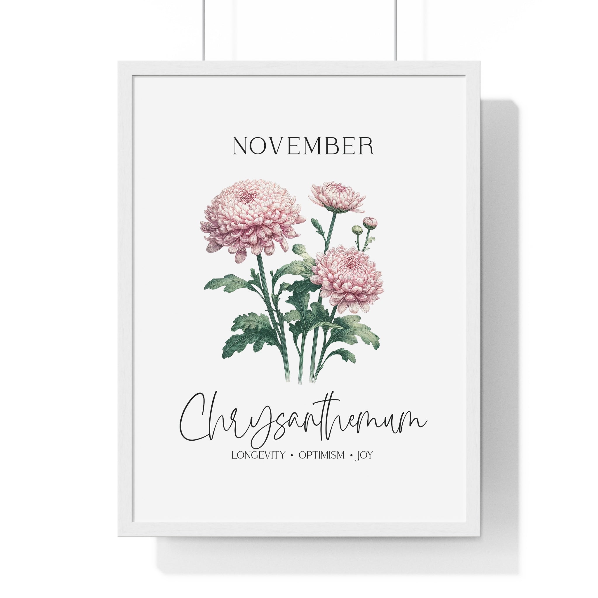 November Birth Month Flower Wall Art – Chrysanthemum Illustration in Wooden Frame | Longevity, Optimism & Joy