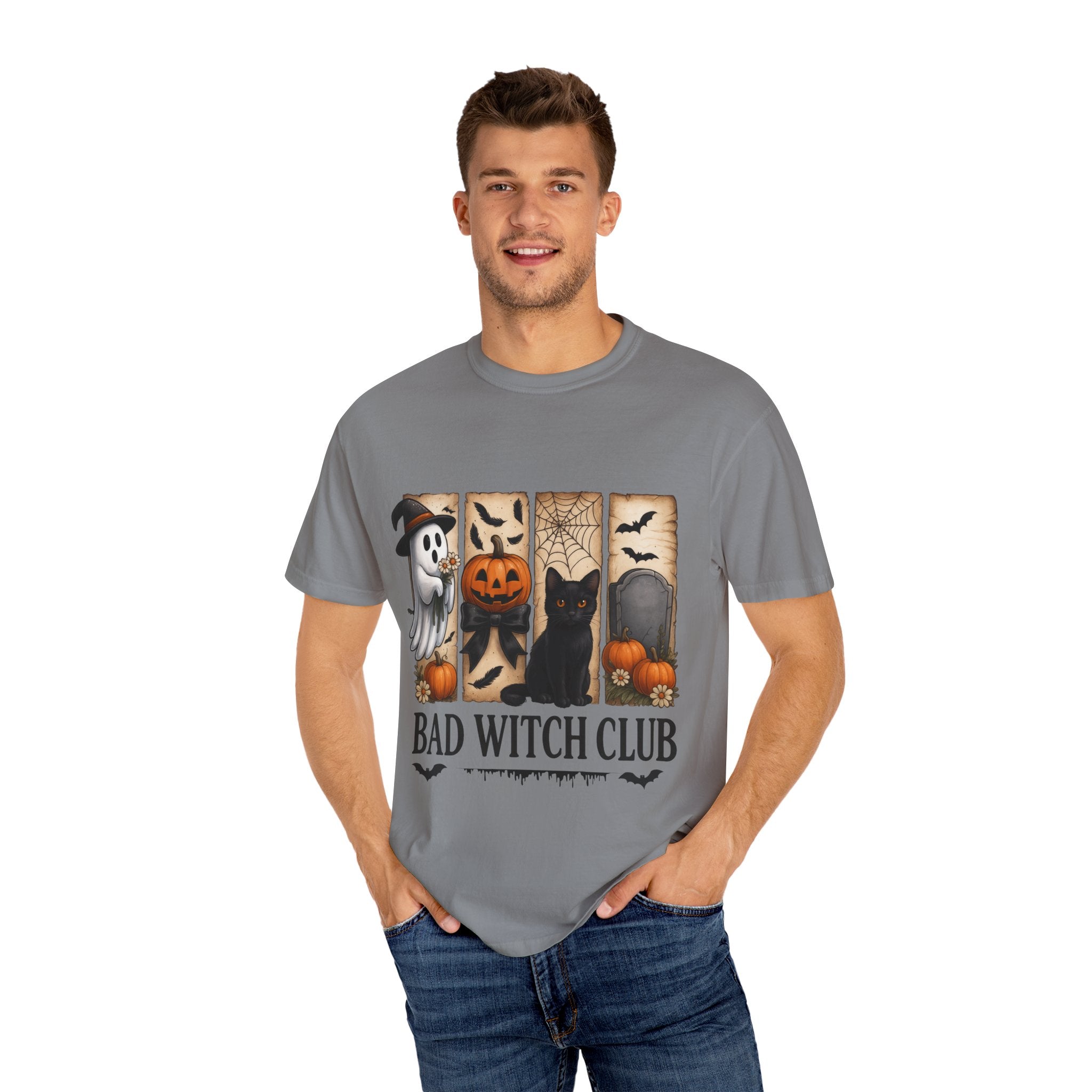 Bad Witch Club Halloween T-Shirt – Cute Ghost, Black Cat, Pumpkin & Spooky Gothic Design