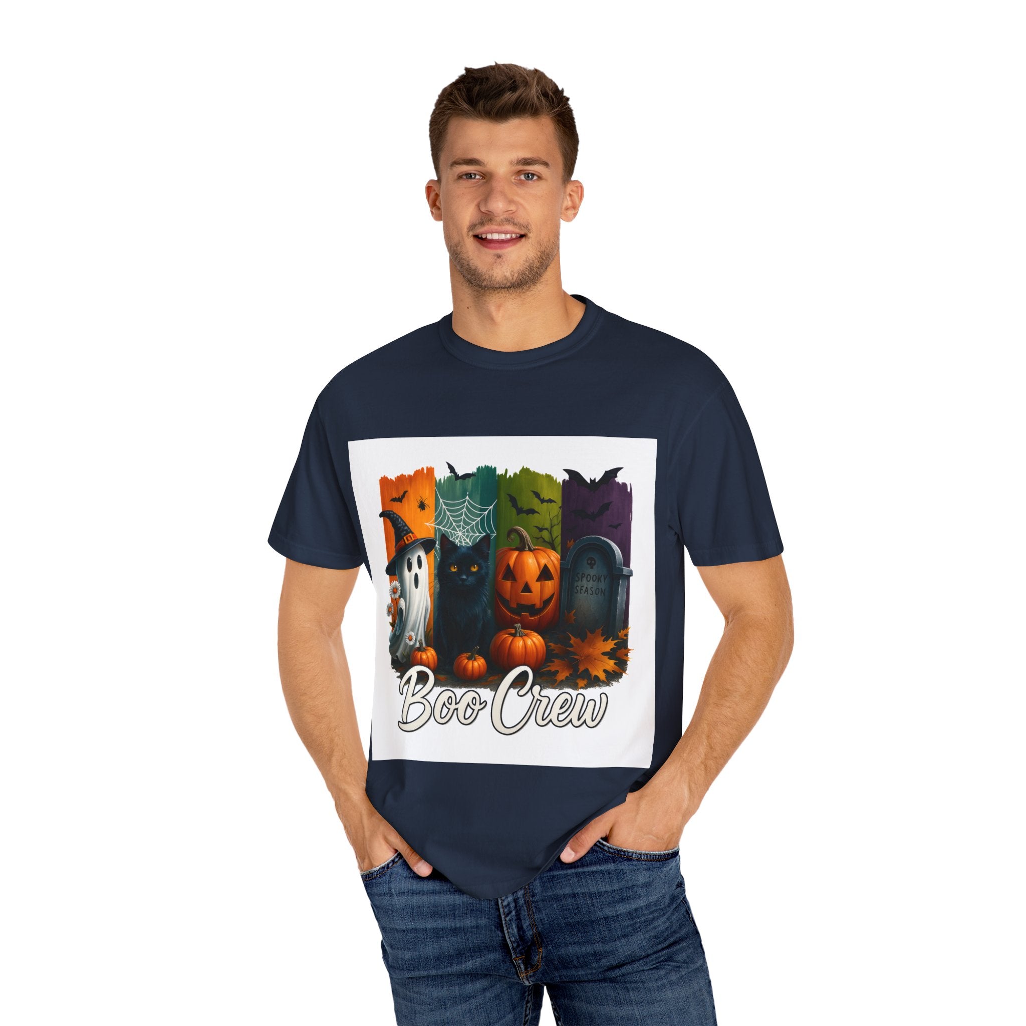 Boo Crew Halloween Unisex T-Shirt – Cute Ghost, Black Cat, Pumpkin & Tombstone Design