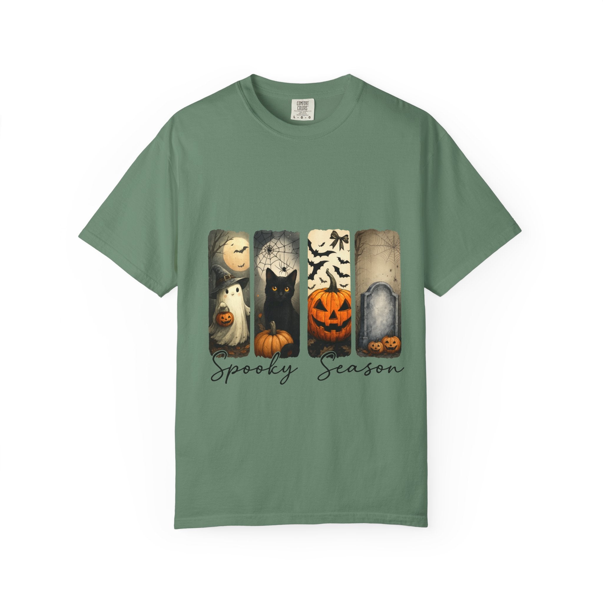 Halloween Night Unisex T-Shirt – Ghost, Black Cat, Pumpkin & Tombstone Vintage Art