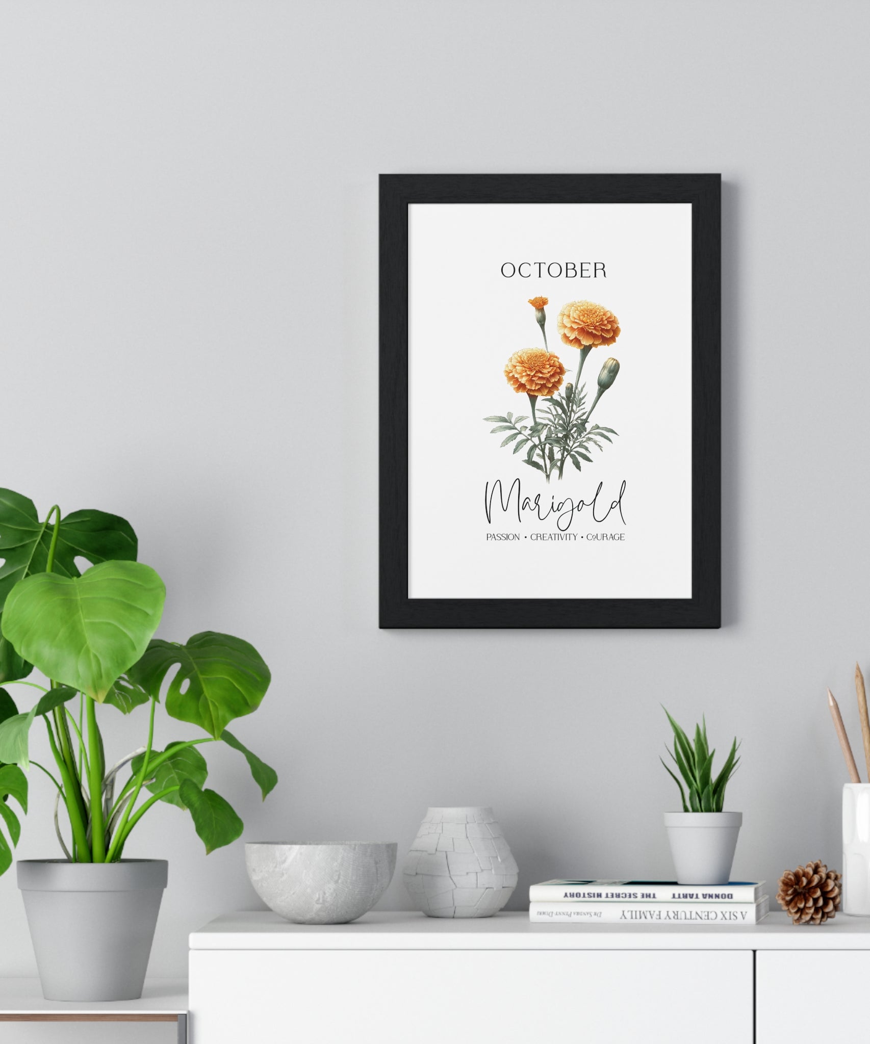 October Birth Month Flower Wall Art – Marigold Illustration in Wooden Frame | Passion, Creativity & Courage