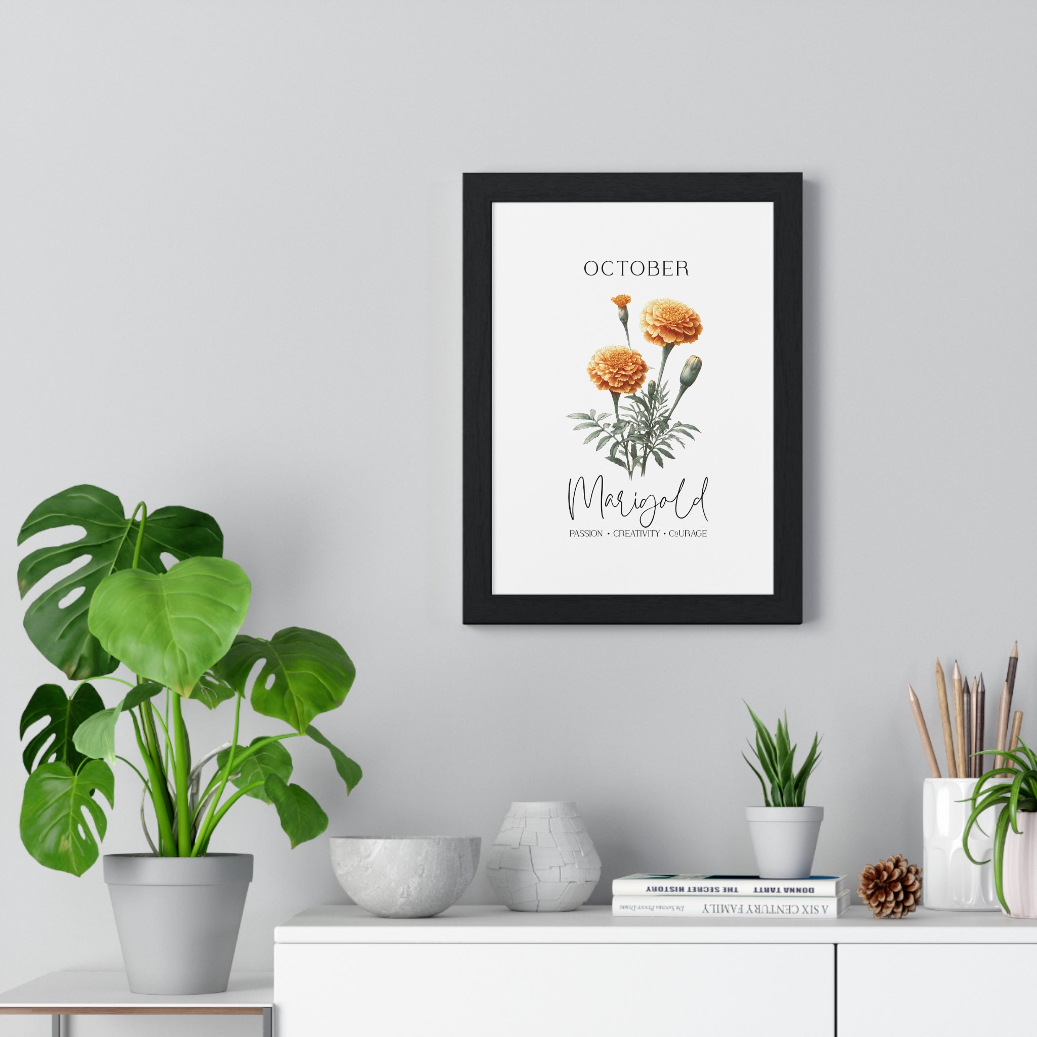 October Birth Month Flower Wall Art – Marigold Illustration in Wooden Frame | Passion, Creativity & Courage