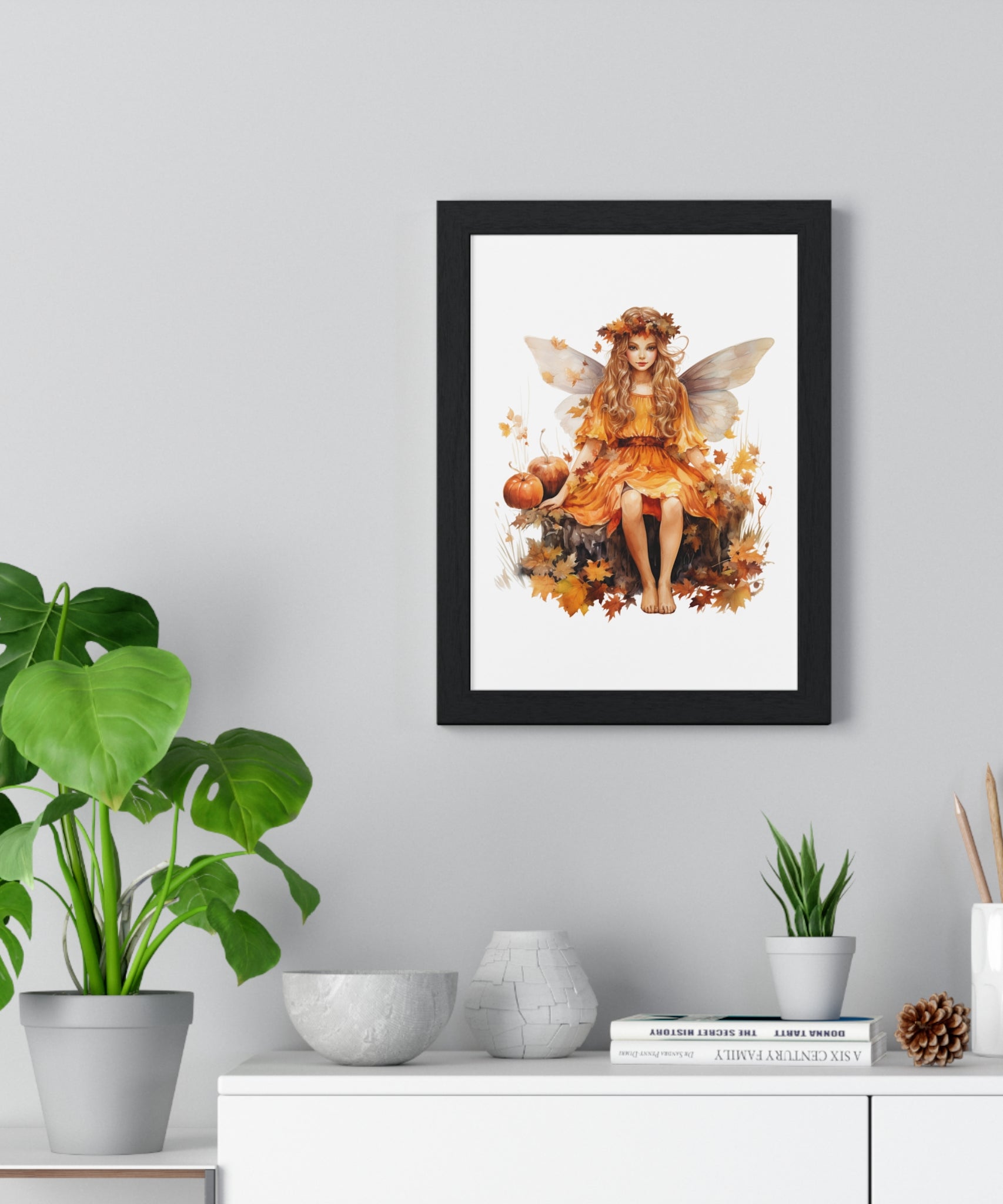 Fall Fairy Wall Art – Orange Dress Woodland Fairy with Pumpkins | Wooden Frame Poster for Autumn Home Decor