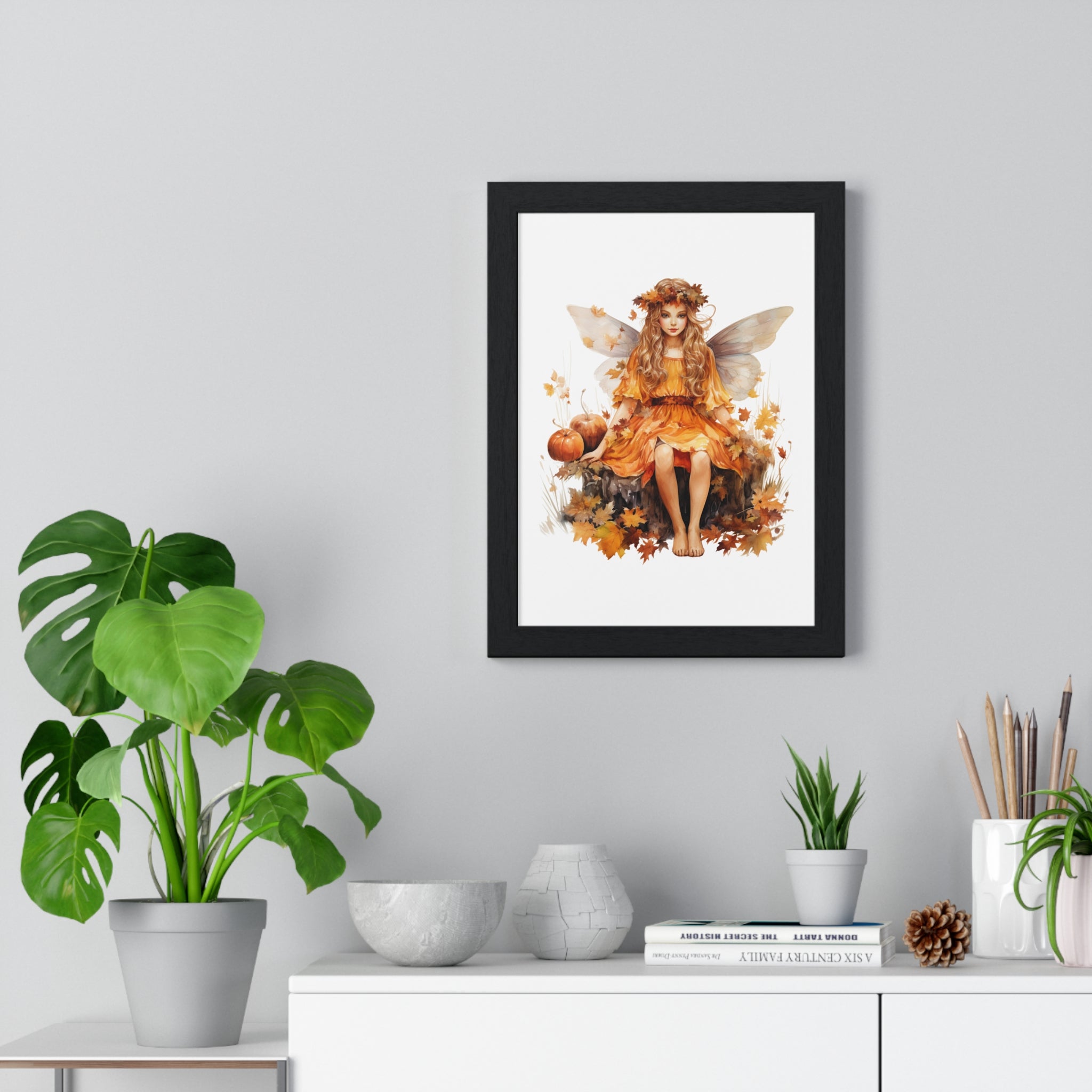 Fall Fairy Wall Art – Orange Dress Woodland Fairy with Pumpkins | Wooden Frame Poster for Autumn Home Decor