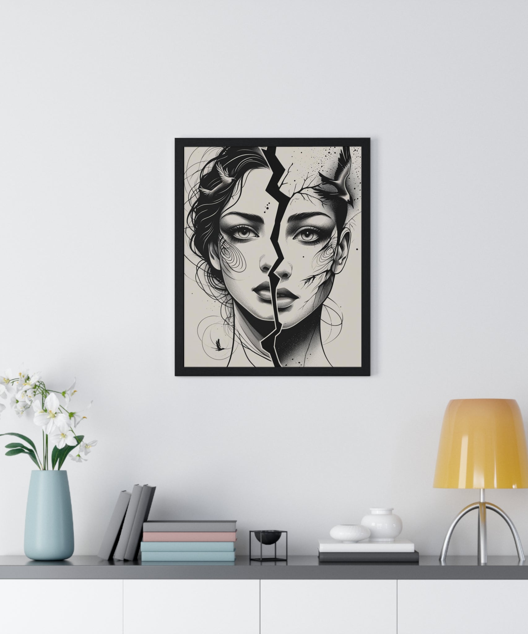 Vertical Framed Poster, Women Split Face Home Decor Art Modern Wall Unique Gift Inspirational Artwork, Wall Hanging Art Print - Gallory Hive