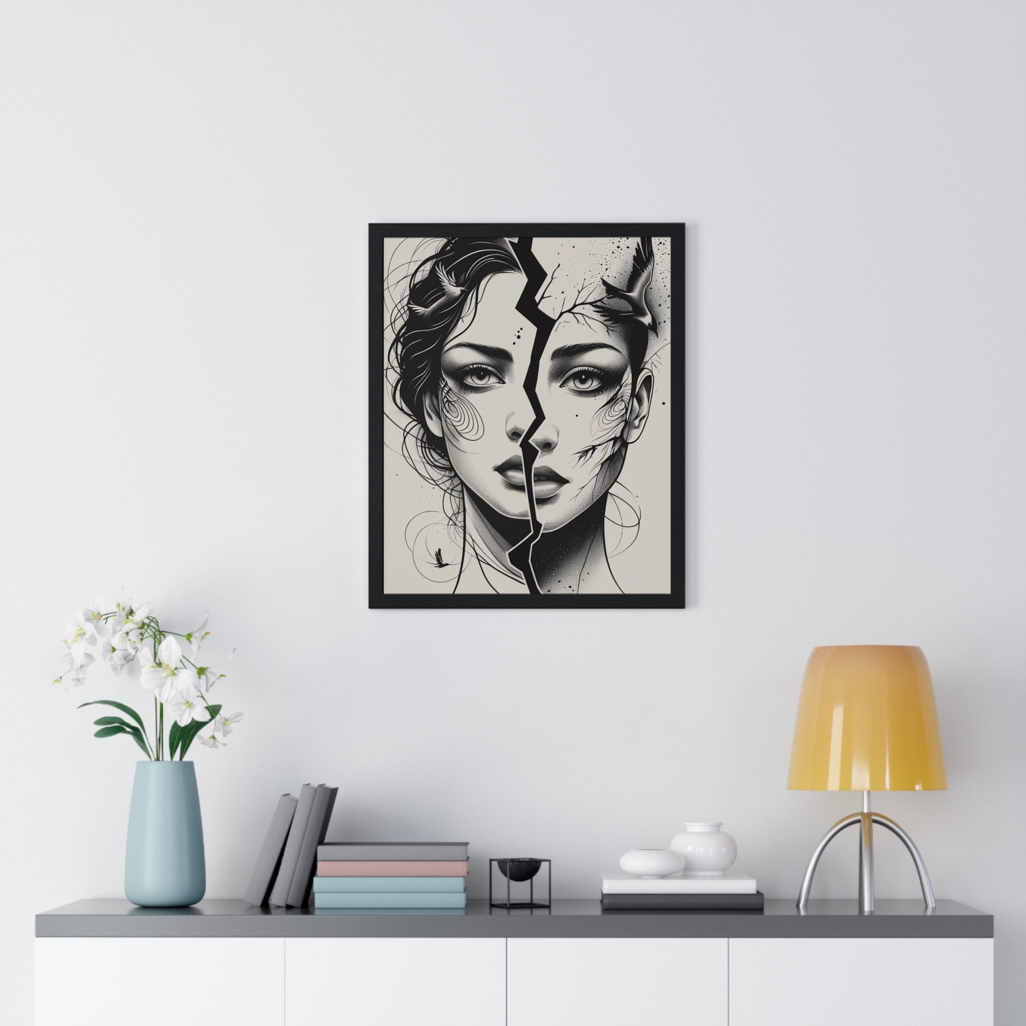 Vertical Framed Poster, Women Split Face Home Decor Art Modern Wall Unique Gift Inspirational Artwork, Wall Hanging Art Print
