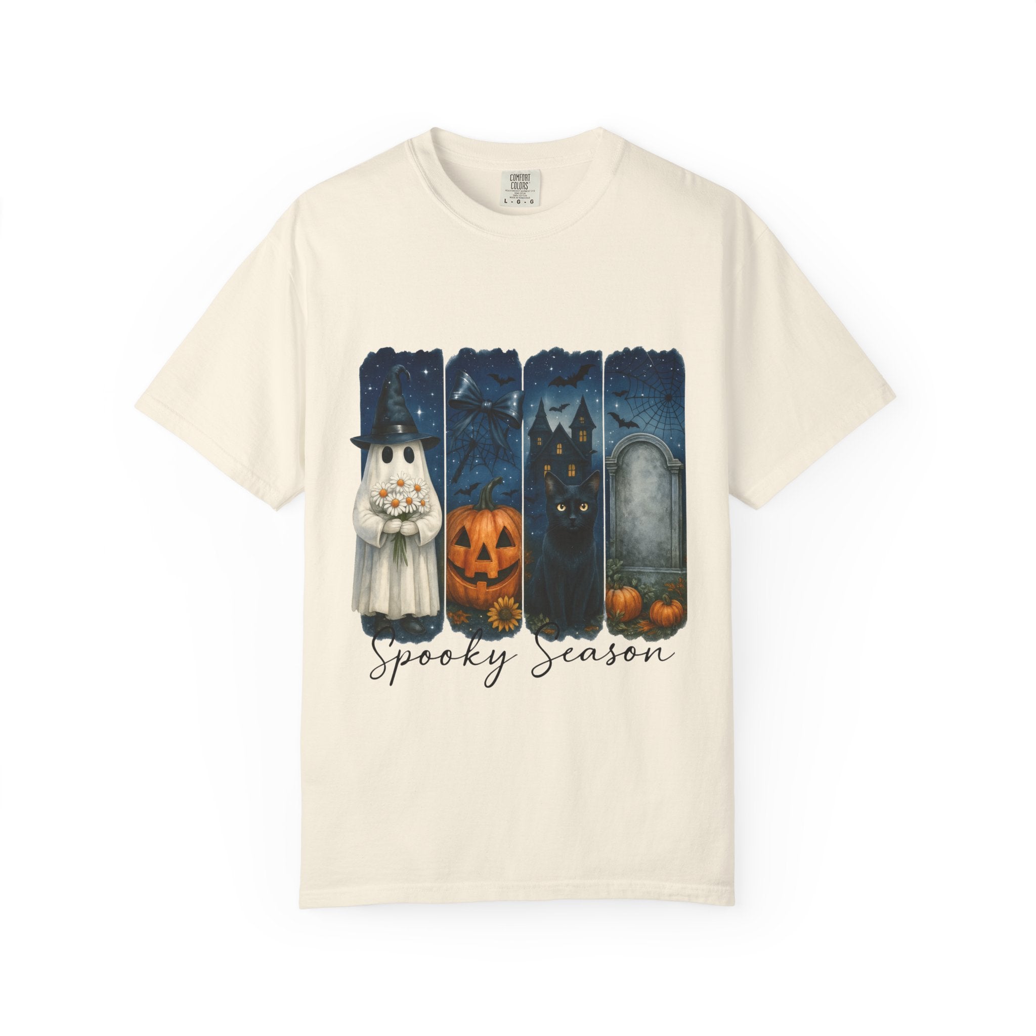 Spooky Season Halloween T-Shirt – Ghost, Black Cat, Pumpkin & Haunted House Design
