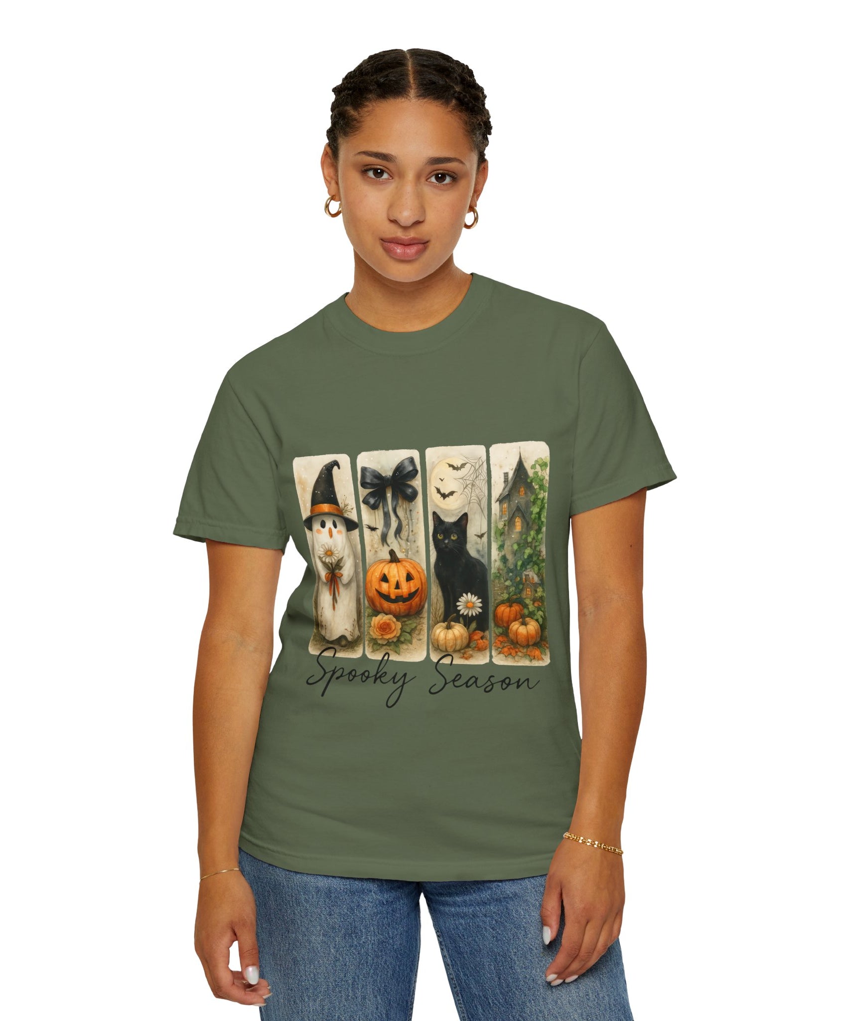Vintage Halloween Unisex T-Shirt – Cute Ghost, Black Cat, Pumpkin & Haunted House Art - Gallory Hive