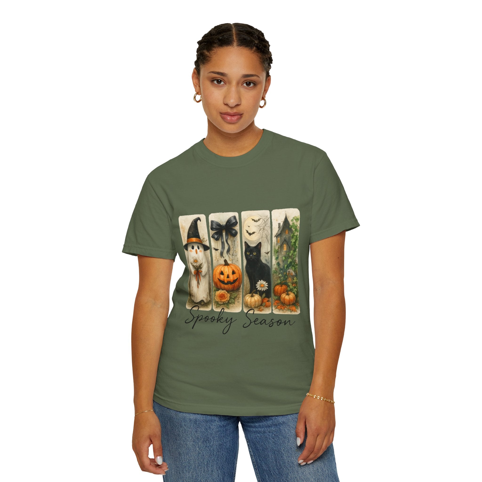 Vintage Halloween Unisex T-Shirt – Cute Ghost, Black Cat, Pumpkin & Haunted House Art - Gallory Hive