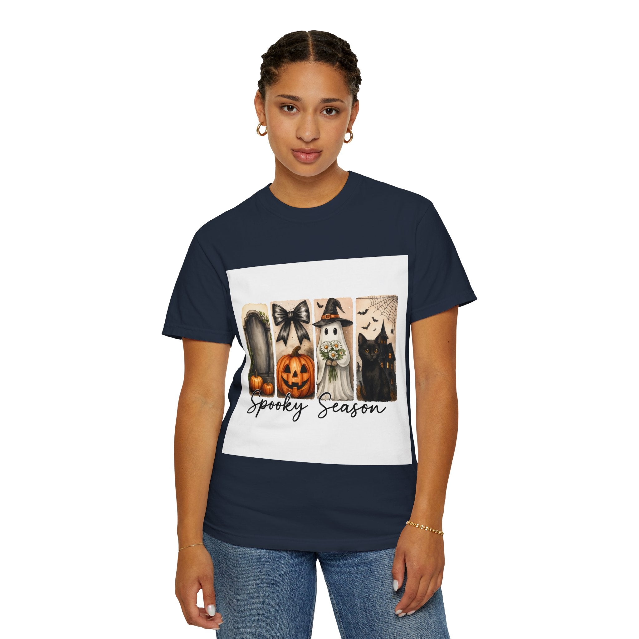 Spooky Season Unisex Halloween T-Shirt – Ghost, Black Cat, Pumpkin & Haunted House Art - Gallory Hive