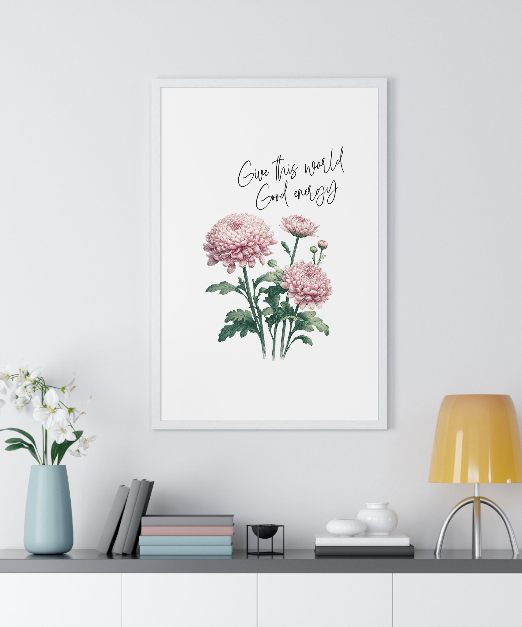 November Birth Month Flower Wall Art – Chrysanthemum Illustration with Inspirational Quote in Wooden Frame | Good Energy & Joy
