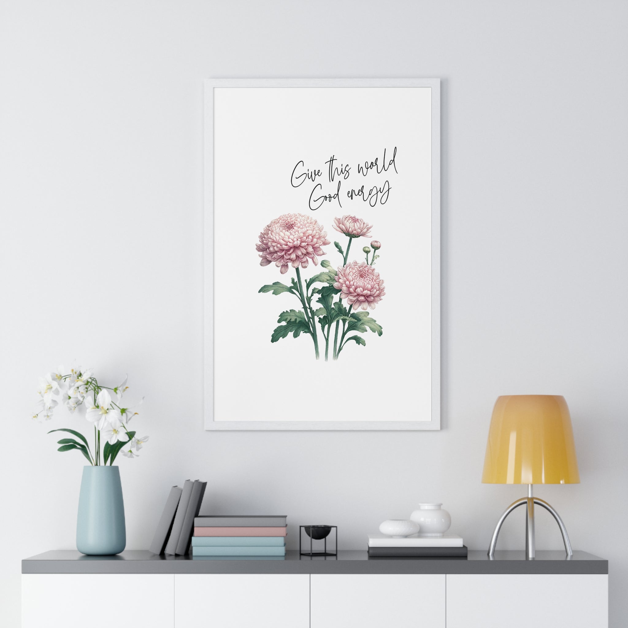 November Birth Month Flower Wall Art – Chrysanthemum Illustration with Inspirational Quote in Wooden Frame | Good Energy & Joy