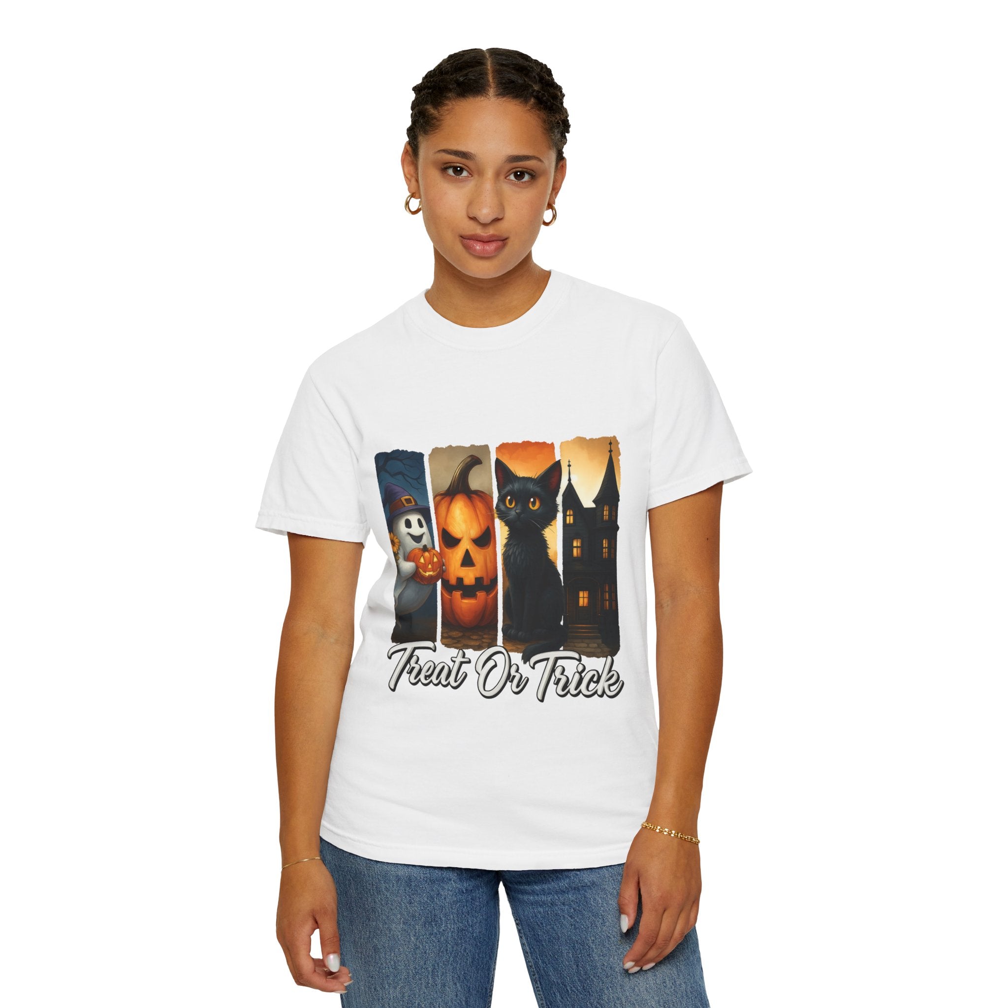 Treat Or Trick Halloween T-Shirt – Cute Ghost, Pumpkin, Black Cat & Haunted House Design