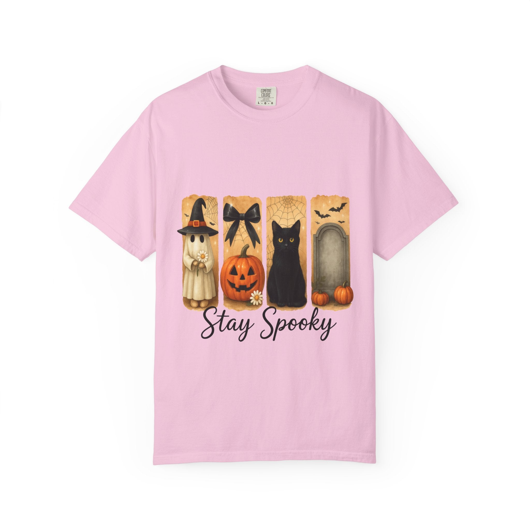Cute Halloween T-Shirt – Ghost in Witch Hat, Pumpkin, Black Cat & Tombstone Design
