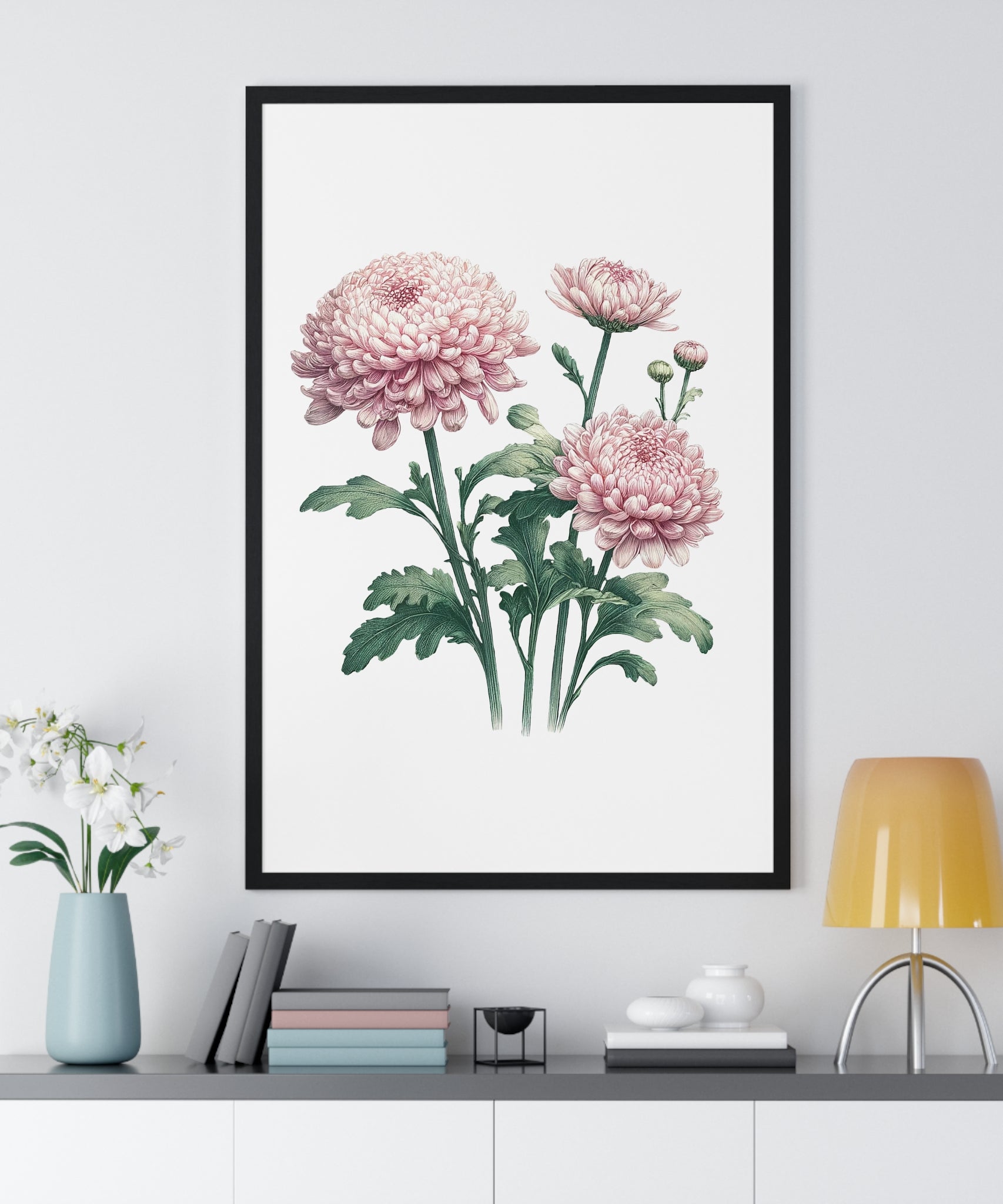 November Birth Month Flower Wall Art – Pink Chrysanthemum Illustration in Wooden Frame | Loyalty, Love & Joy