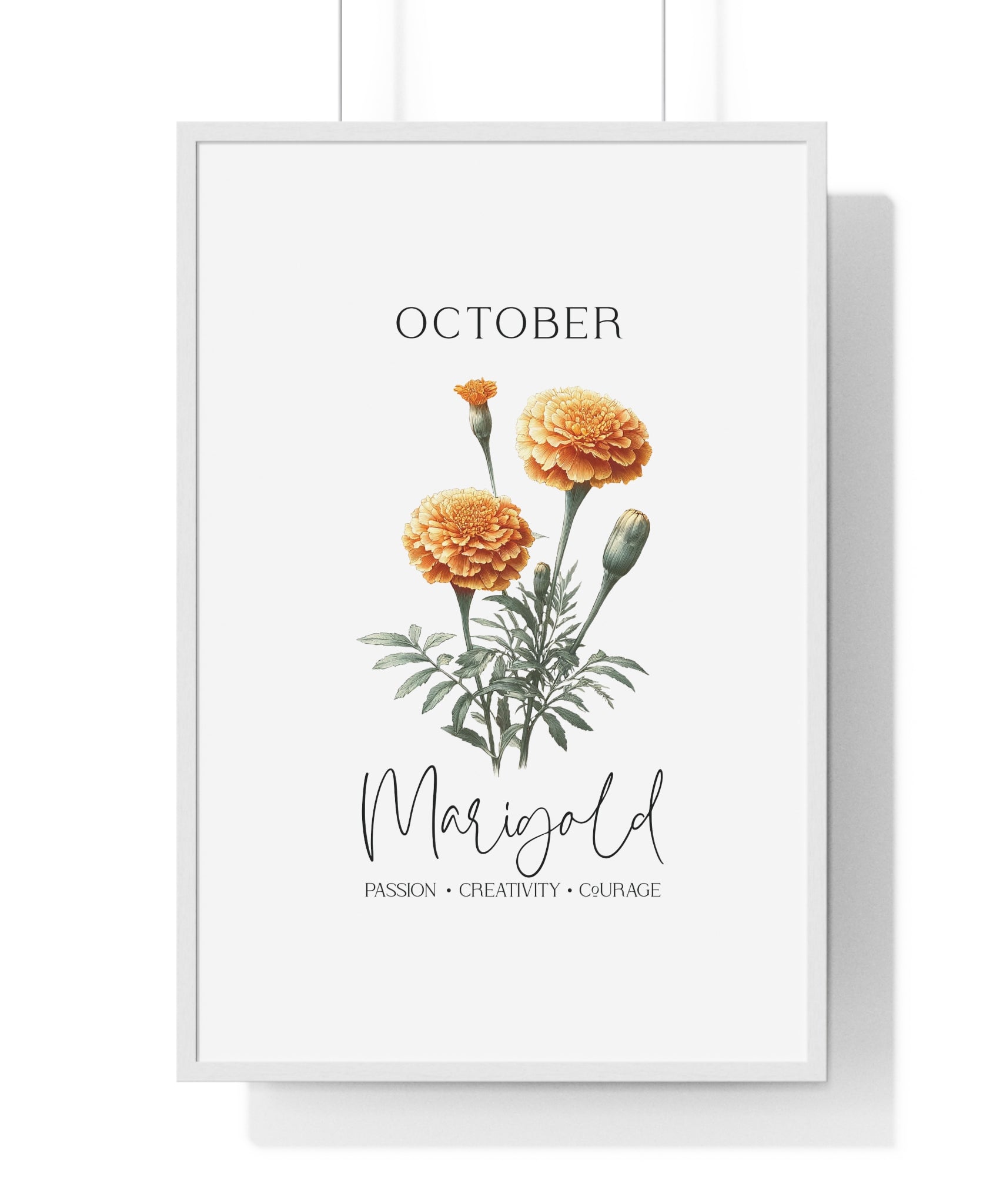 October Birth Month Flower Wall Art – Marigold Illustration in Wooden Frame | Passion, Creativity & Courage