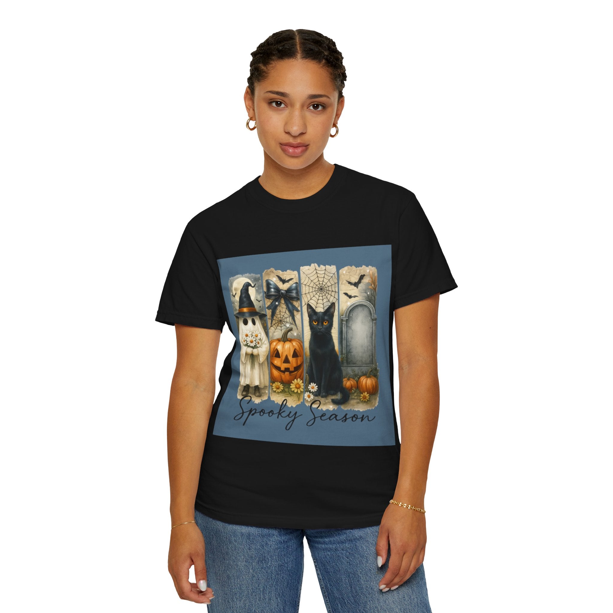 Spooky Season Halloween Unisex T-Shirt – Ghost, Black Cat & Pumpkin Design