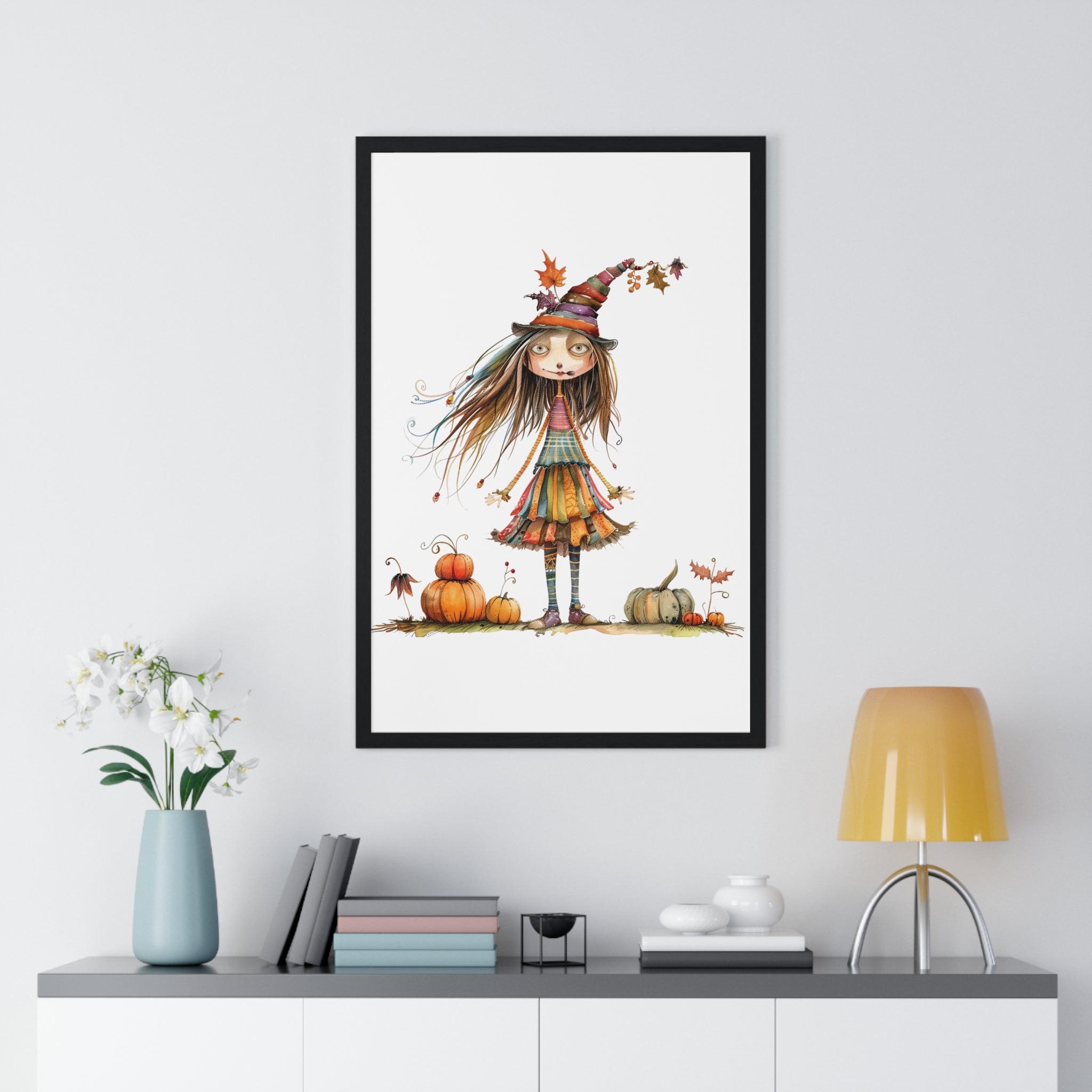 Whimsical Autumn Witch Wooden Framed Wall Art