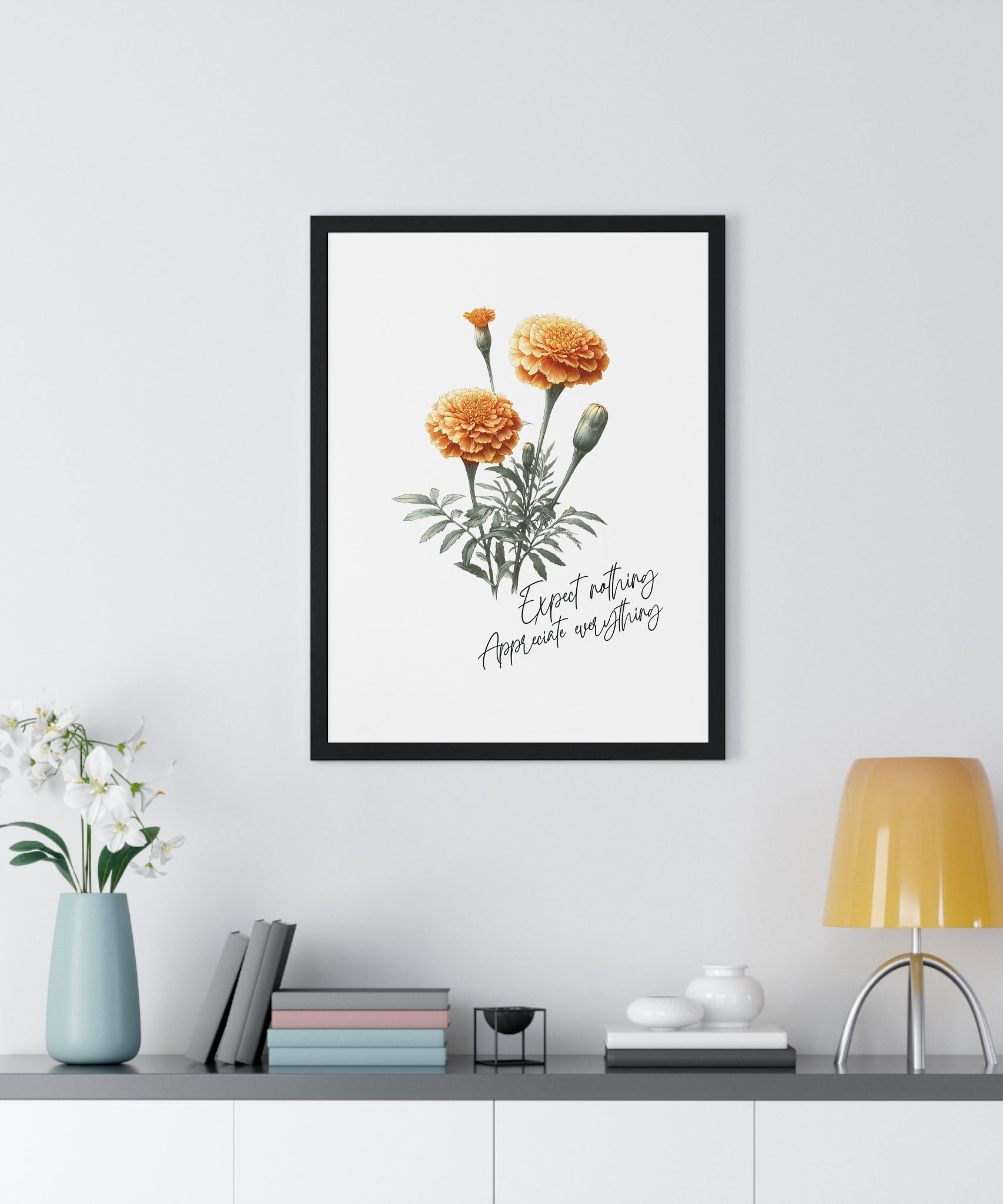 October Birth Month Flower Wall Art – Marigold Illustration with Inspirational Quote in Wooden Frame