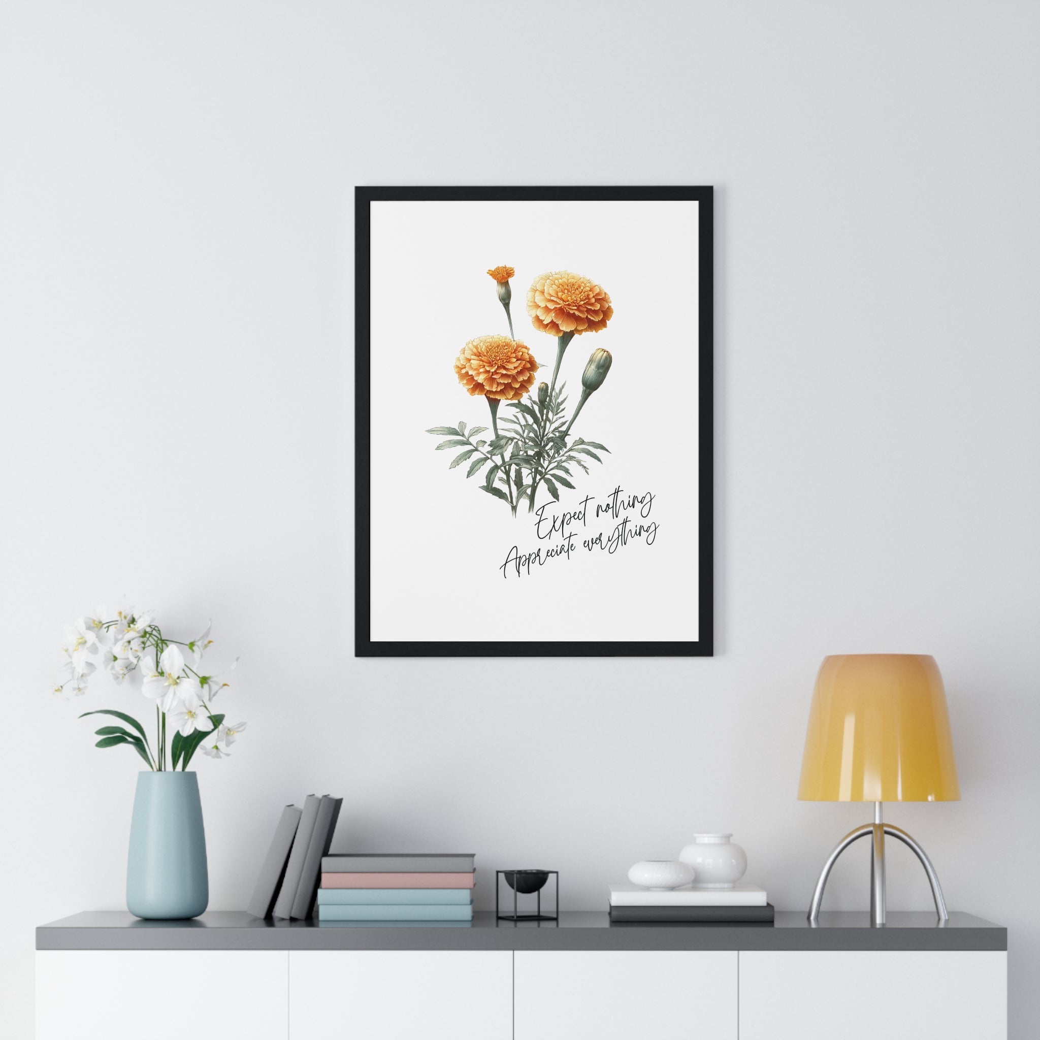 October Birth Month Flower Wall Art – Marigold Illustration with Inspirational Quote in Wooden Frame