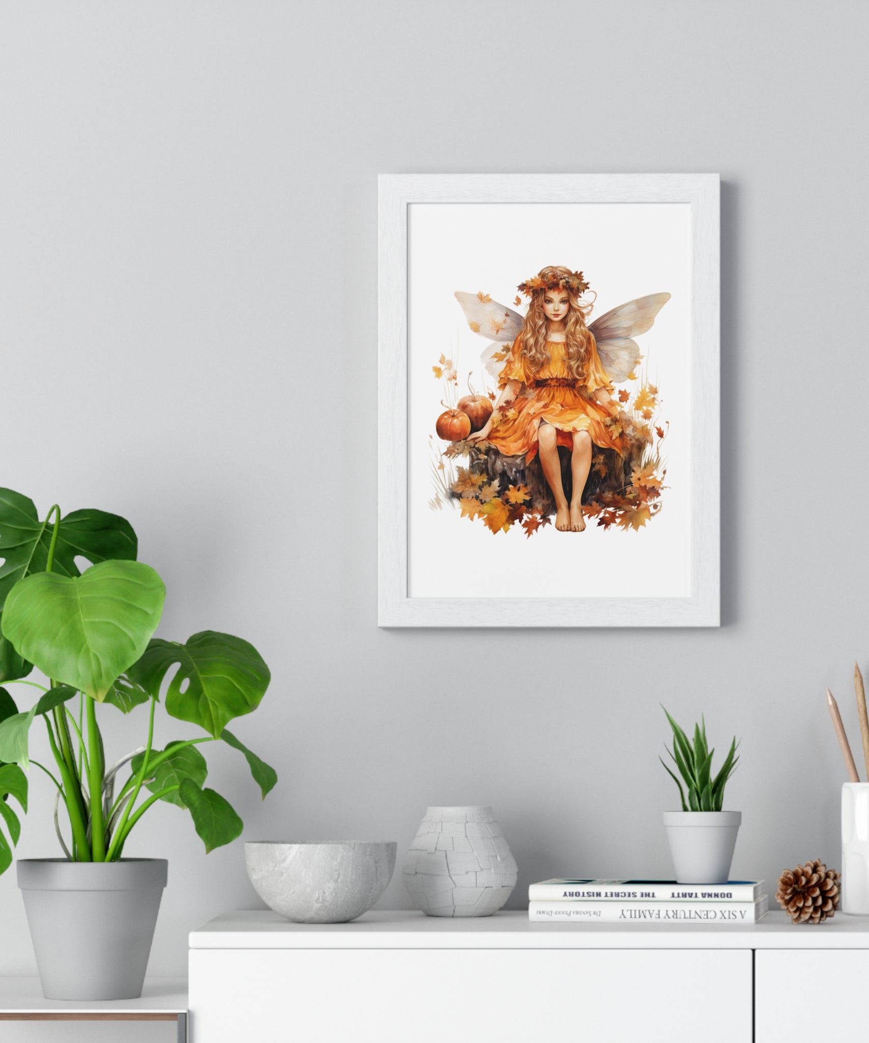 Fall Fairy Wall Art – Orange Dress Woodland Fairy with Pumpkins | Wooden Frame Poster for Autumn Home Decor