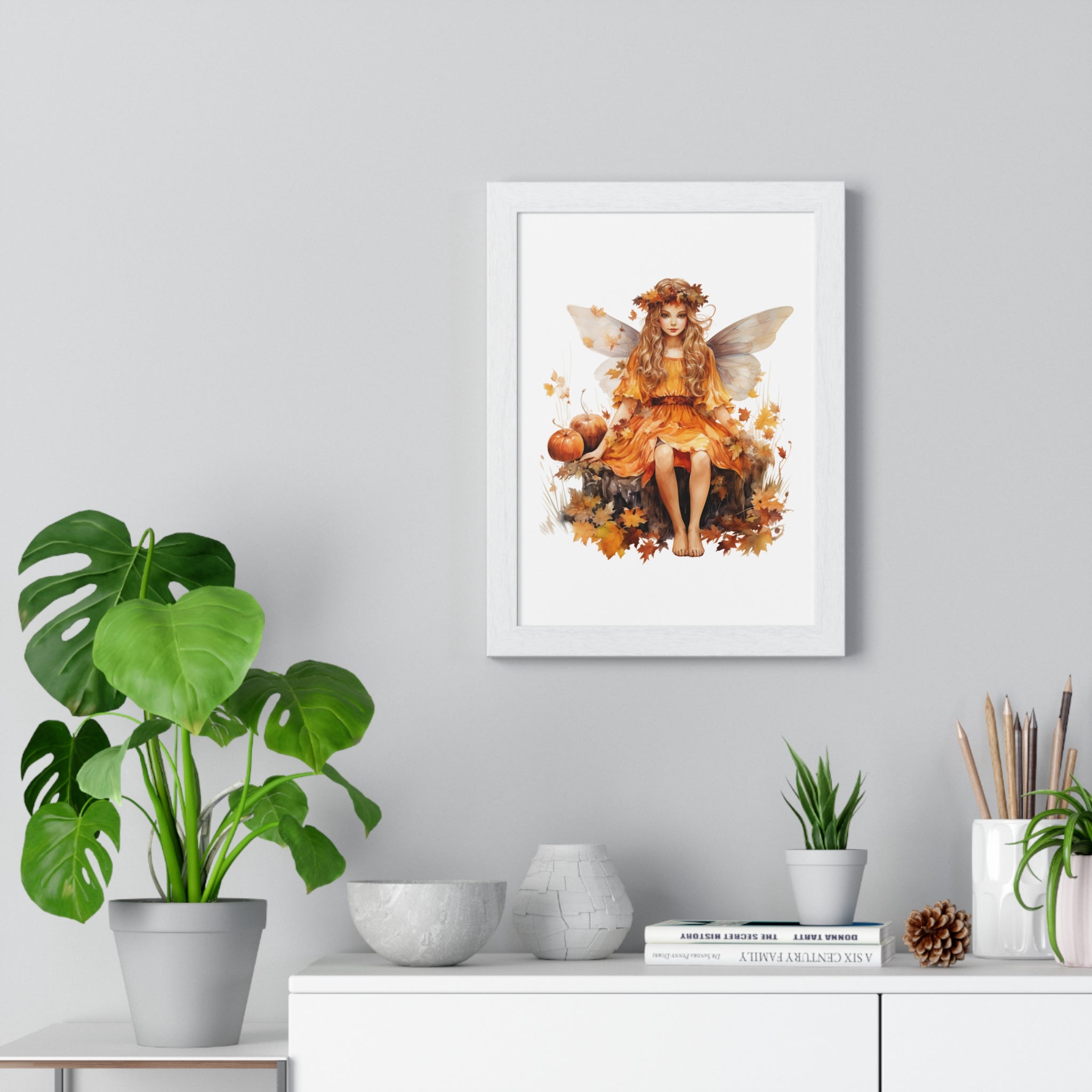 Fall Fairy Wall Art – Orange Dress Woodland Fairy with Pumpkins | Wooden Frame Poster for Autumn Home Decor