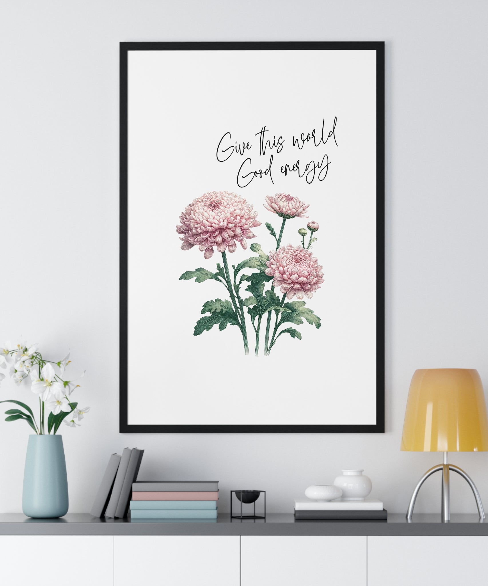 November Birth Month Flower Wall Art – Chrysanthemum Illustration with Inspirational Quote in Wooden Frame | Good Energy & Joy