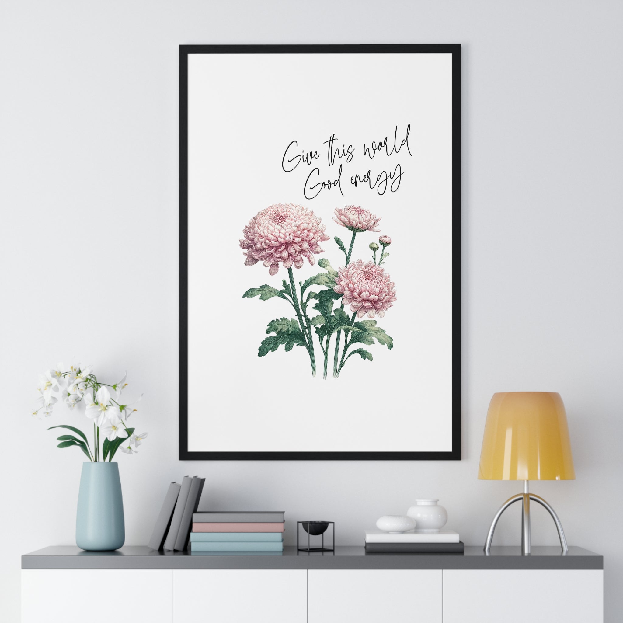 November Birth Month Flower Wall Art – Chrysanthemum Illustration with Inspirational Quote in Wooden Frame | Good Energy & Joy