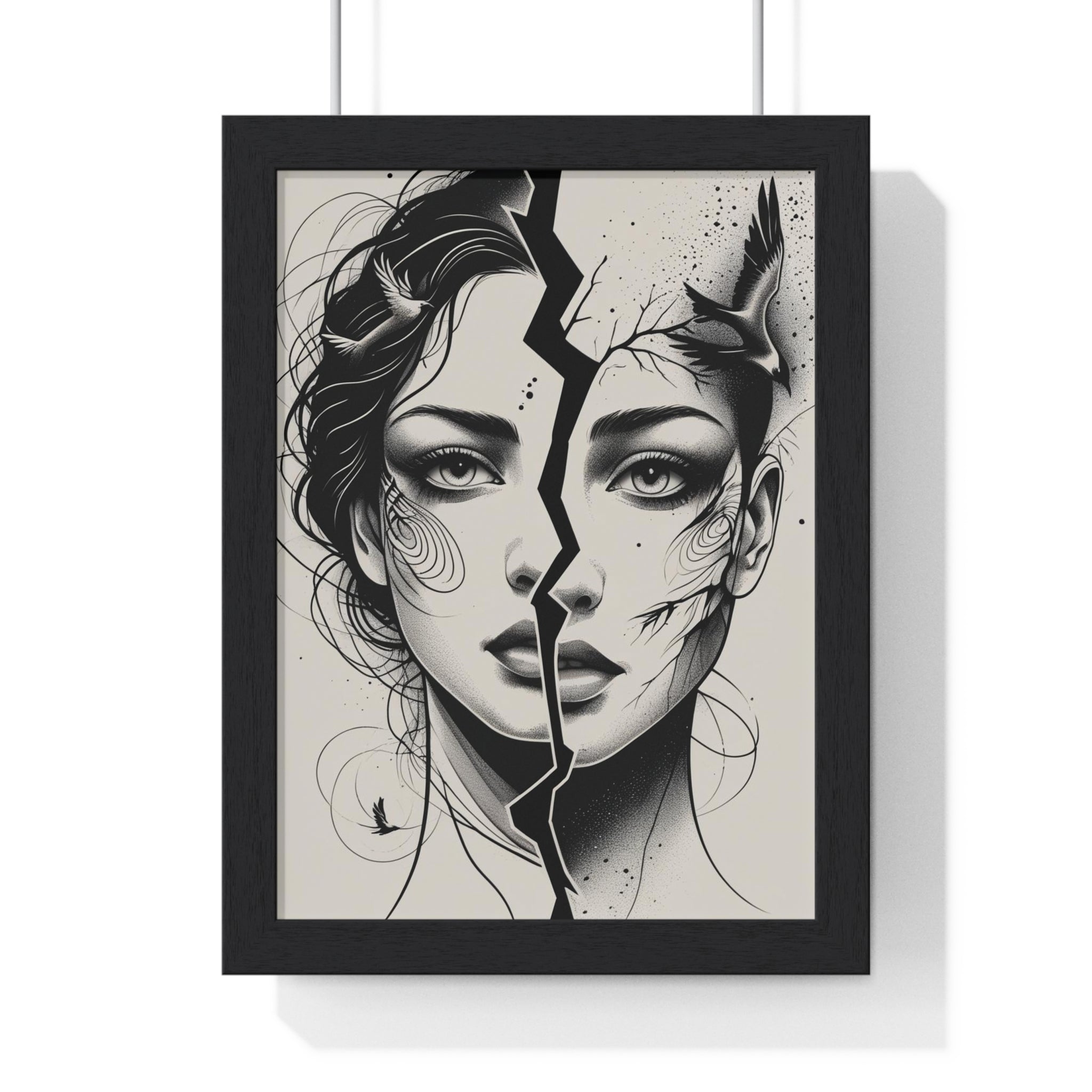 Vertical Framed Poster, Women Split Face Home Decor Art Modern Wall Unique Gift Inspirational Artwork, Wall Hanging Art Print
