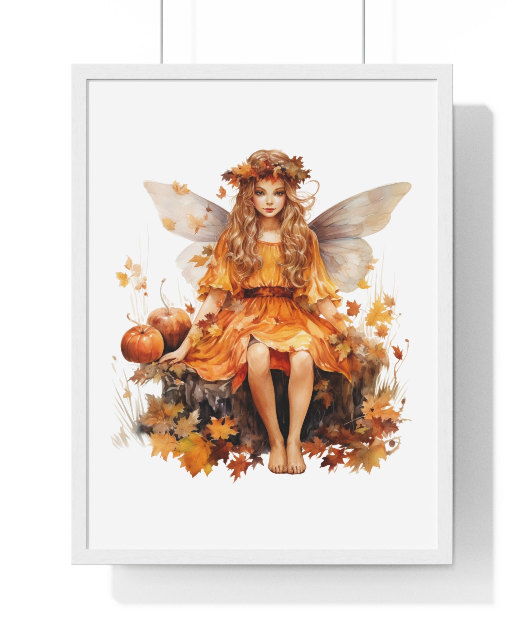 Fall Fairy Wall Art – Orange Dress Woodland Fairy with Pumpkins | Wooden Frame Poster for Autumn Home Decor