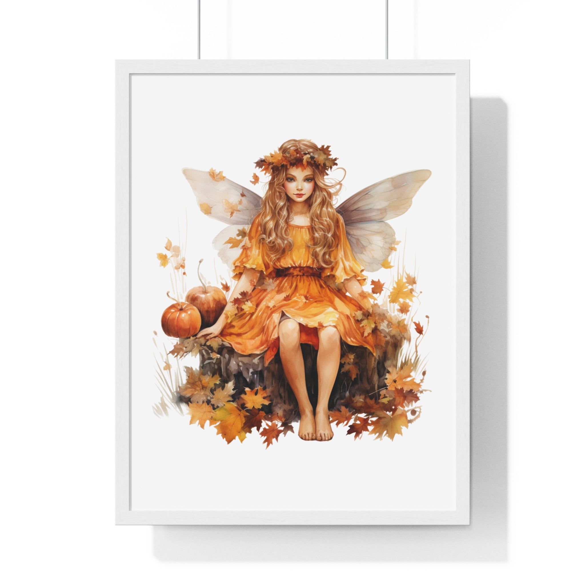 Fall Fairy Wall Art – Orange Dress Woodland Fairy with Pumpkins | Wooden Frame Poster for Autumn Home Decor