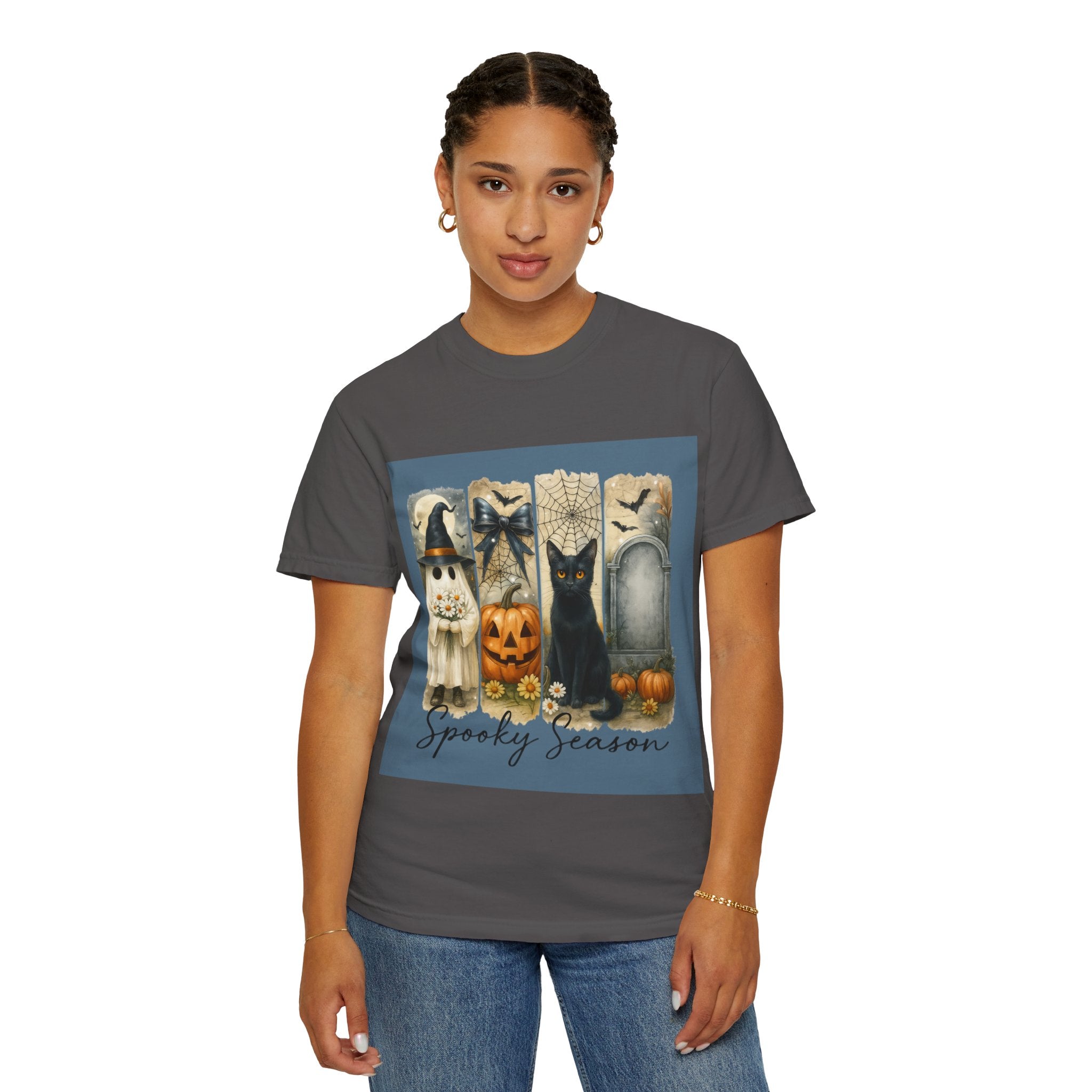 Spooky Season Halloween Unisex T-Shirt – Ghost, Black Cat & Pumpkin Design