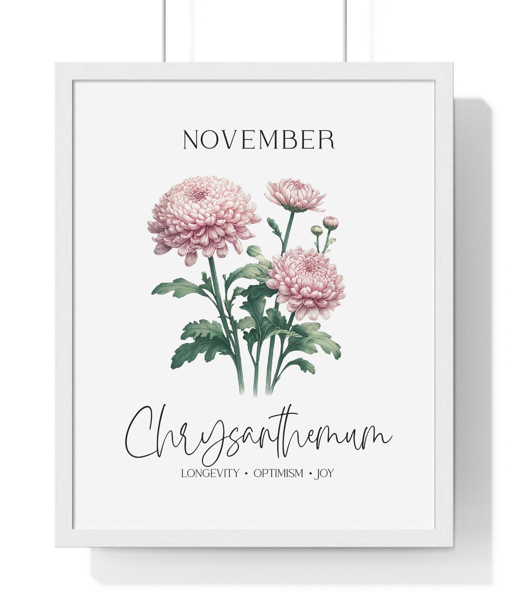 November Birth Month Flower Wall Art – Chrysanthemum Illustration in Wooden Frame | Longevity, Optimism & Joy