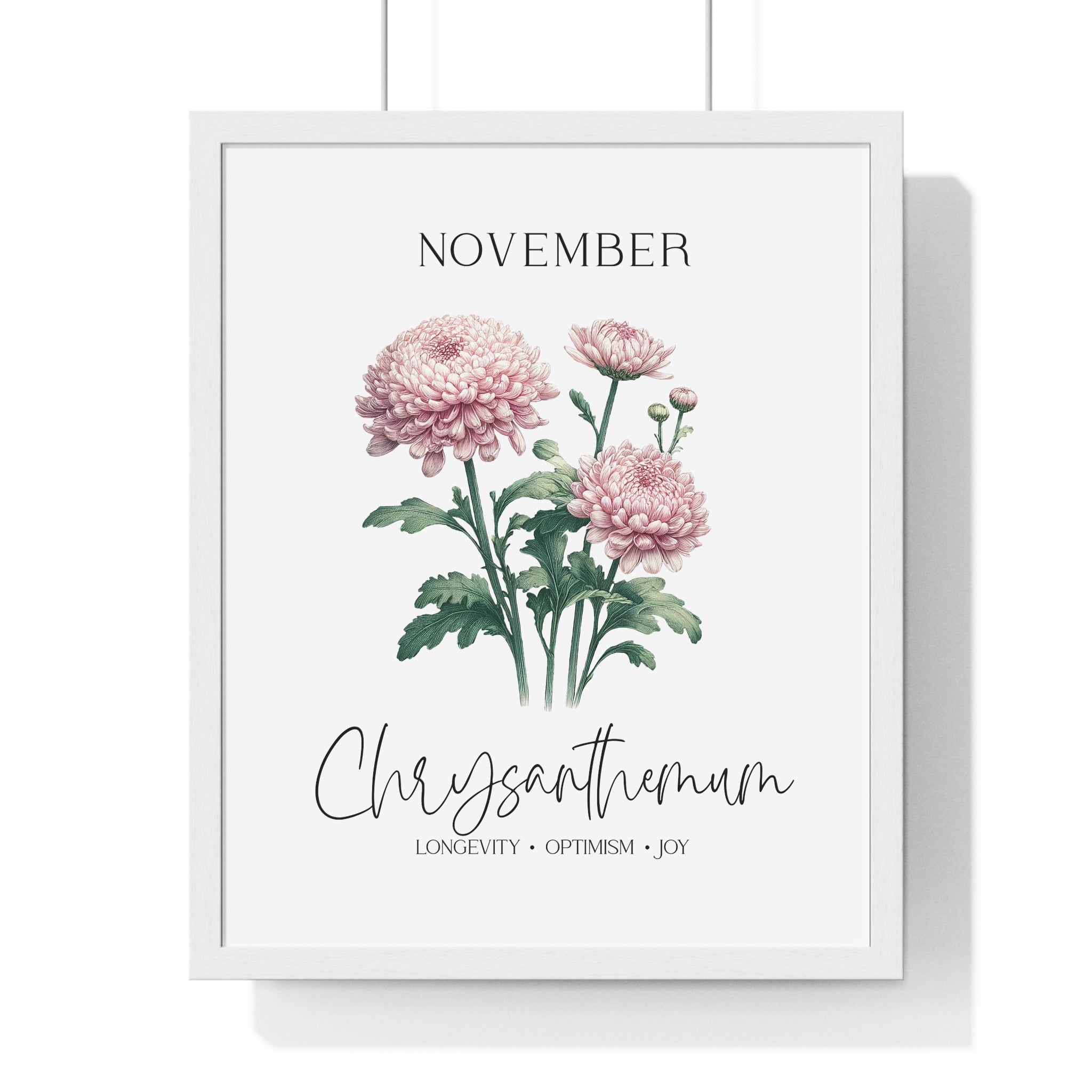 November Birth Month Flower Wall Art – Chrysanthemum Illustration in Wooden Frame | Longevity, Optimism & Joy