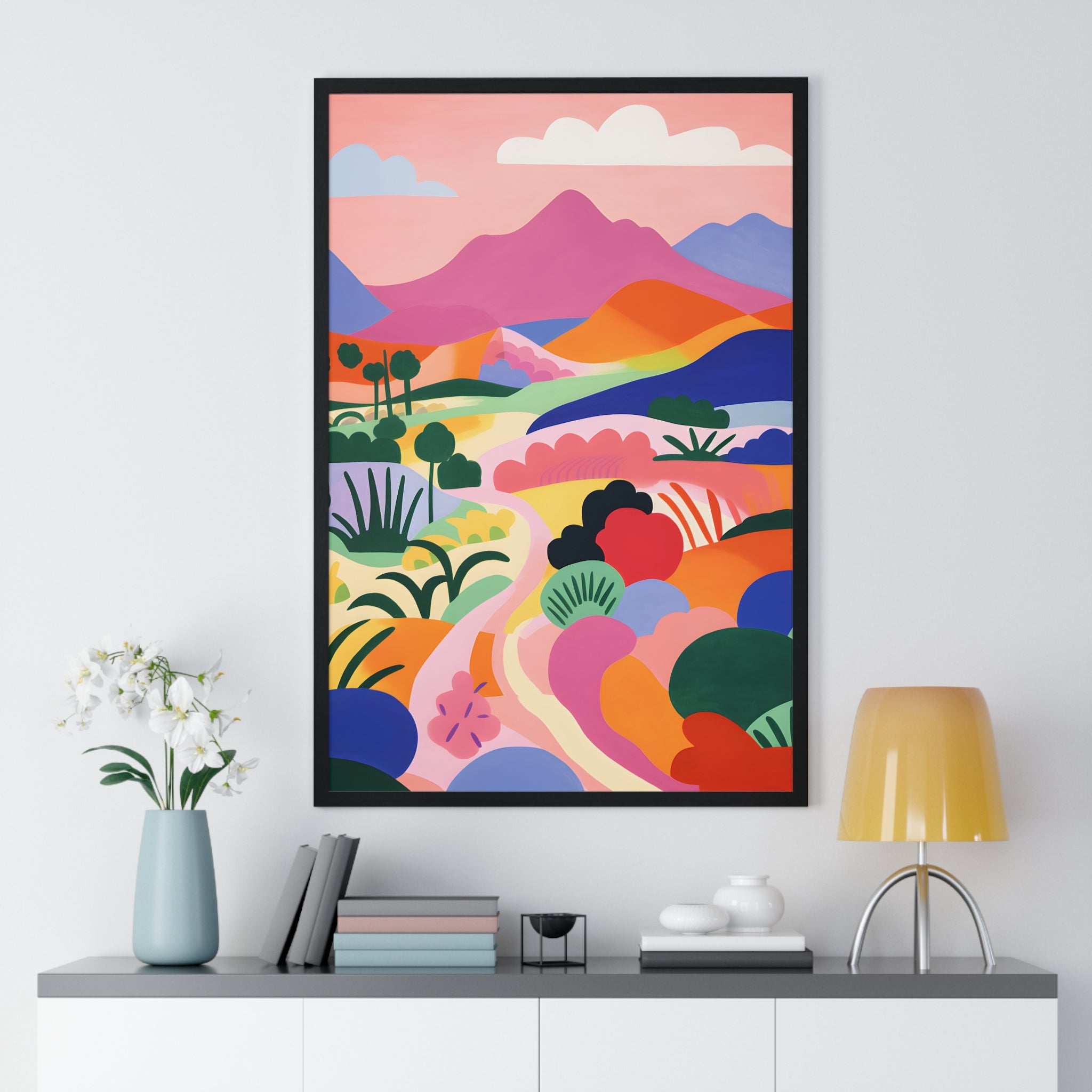 Colorful Landscape Art – Premium Wooden Framed Poster with Hills, Trees & River