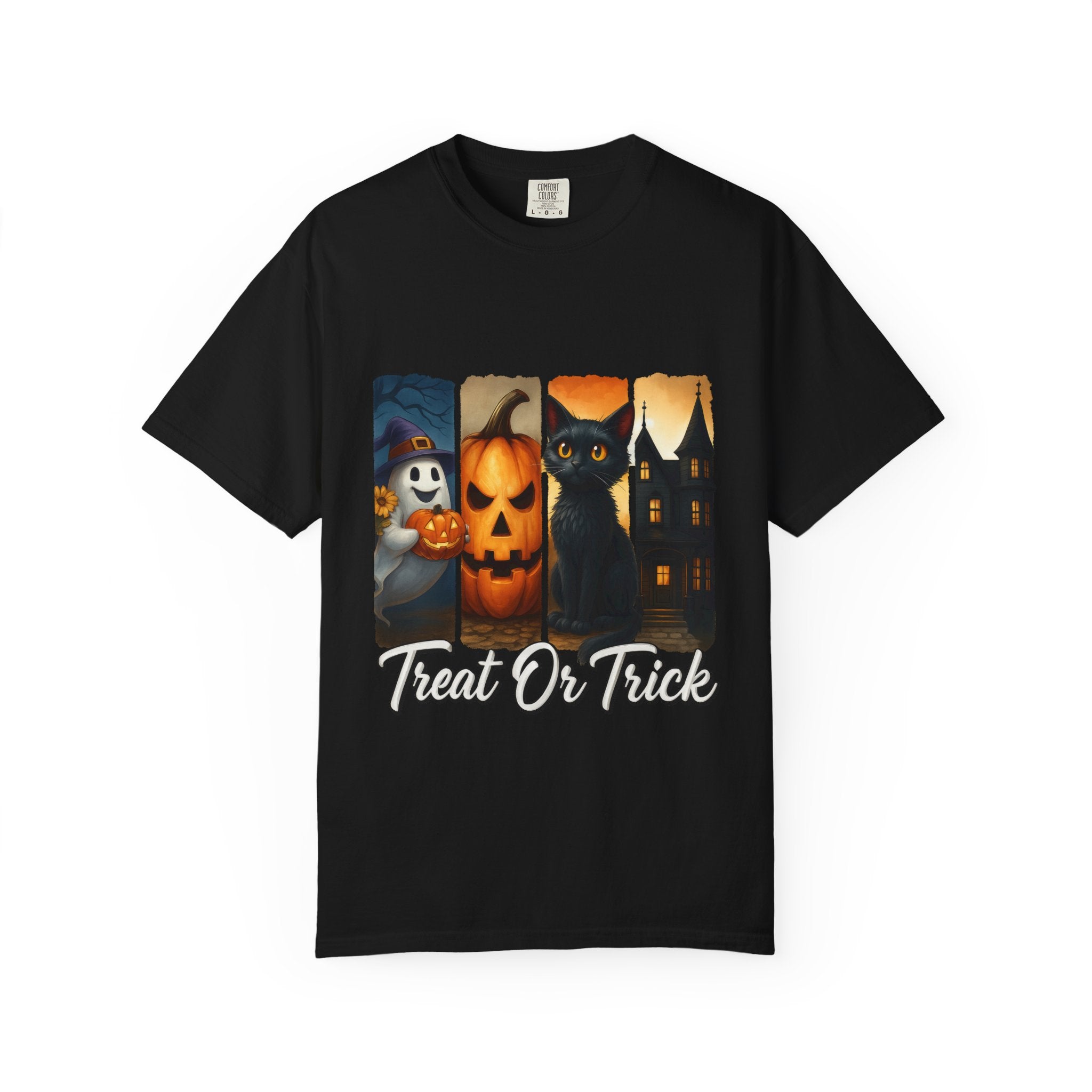 Treat Or Trick Halloween T-Shirt – Cute Ghost, Pumpkin, Black Cat & Haunted House Design