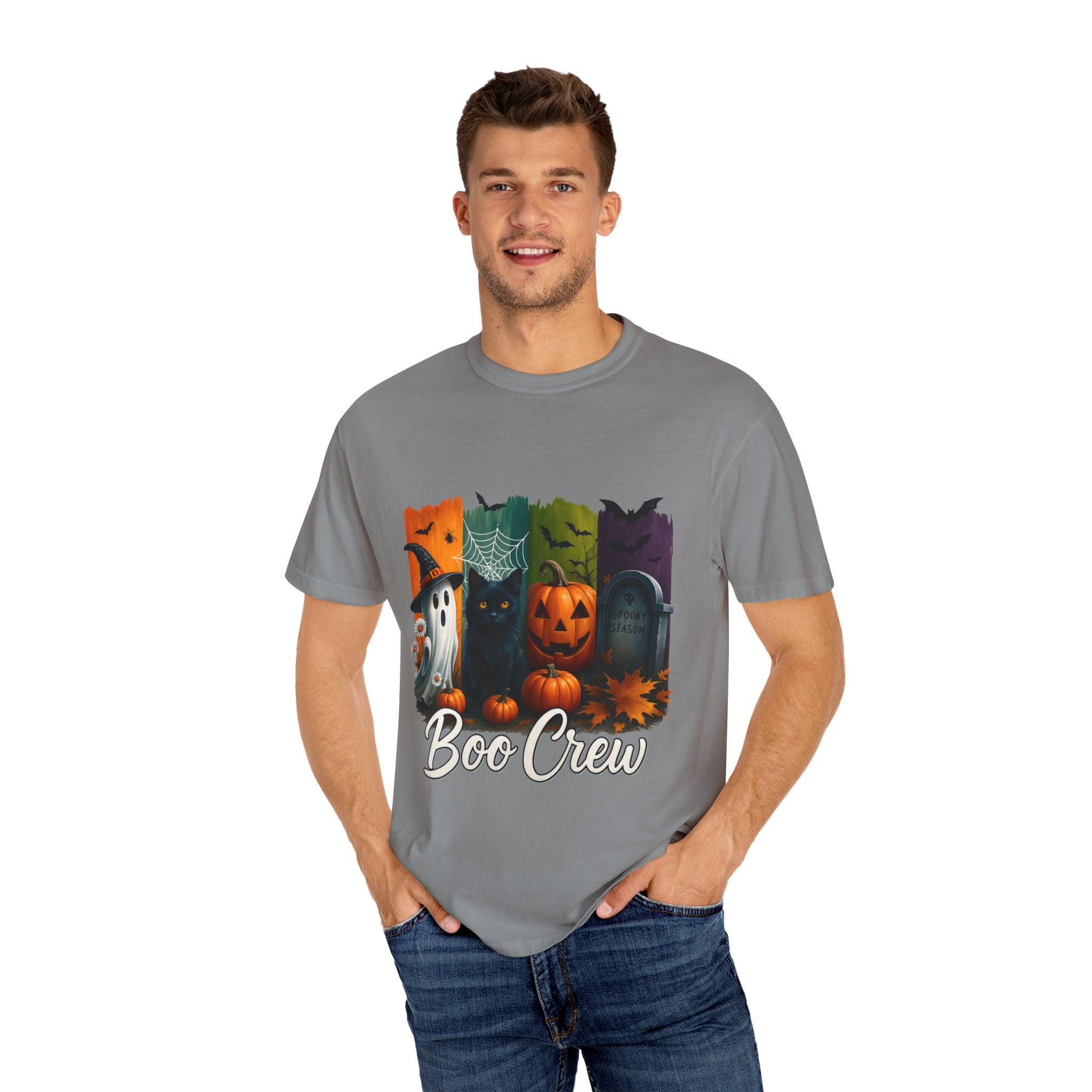 Boo Crew Halloween Unisex T-Shirt – Cute Ghost, Black Cat, Pumpkin & Tombstone Design