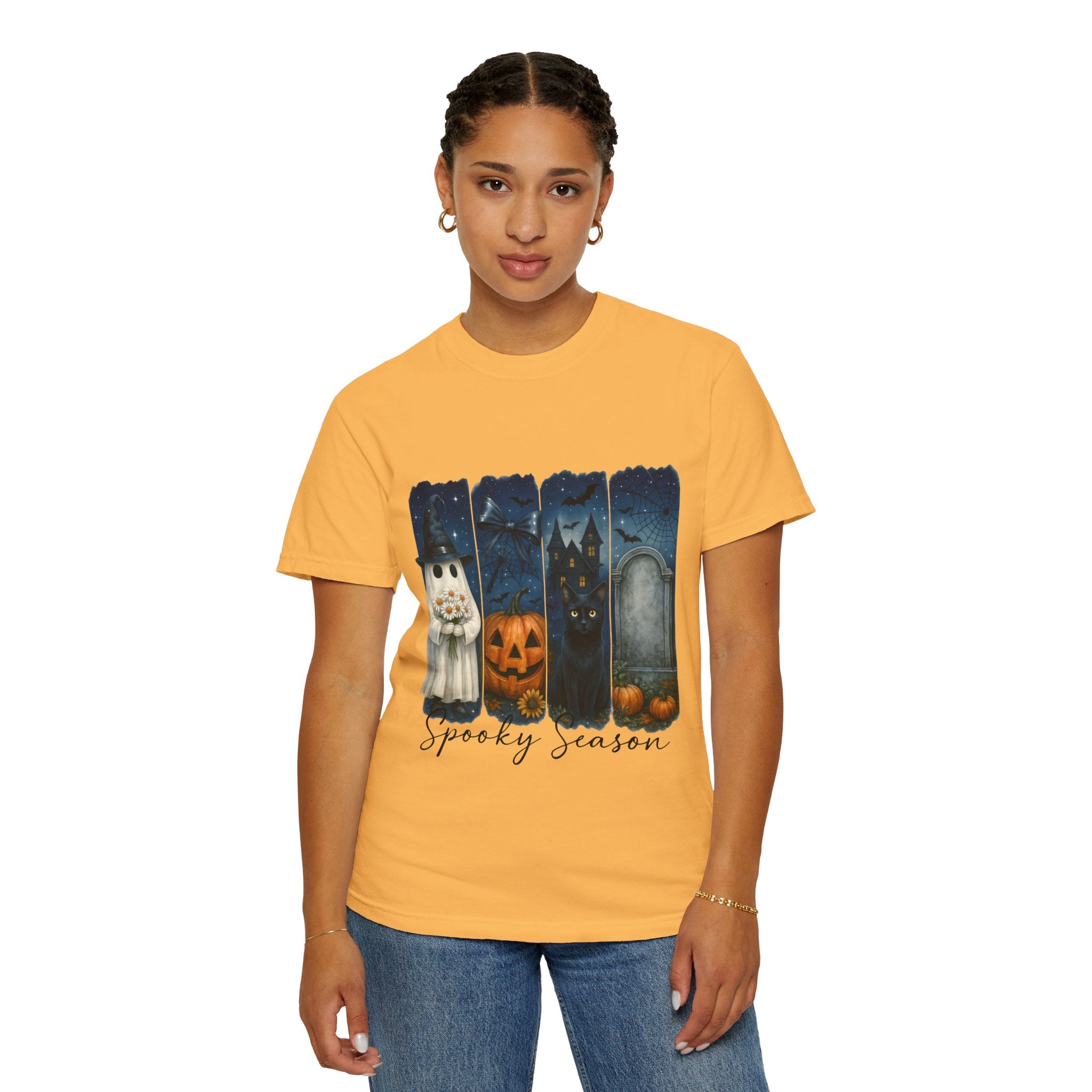 Spooky Season Halloween T-Shirt – Ghost, Black Cat, Pumpkin & Haunted House Design - Gallory Hive