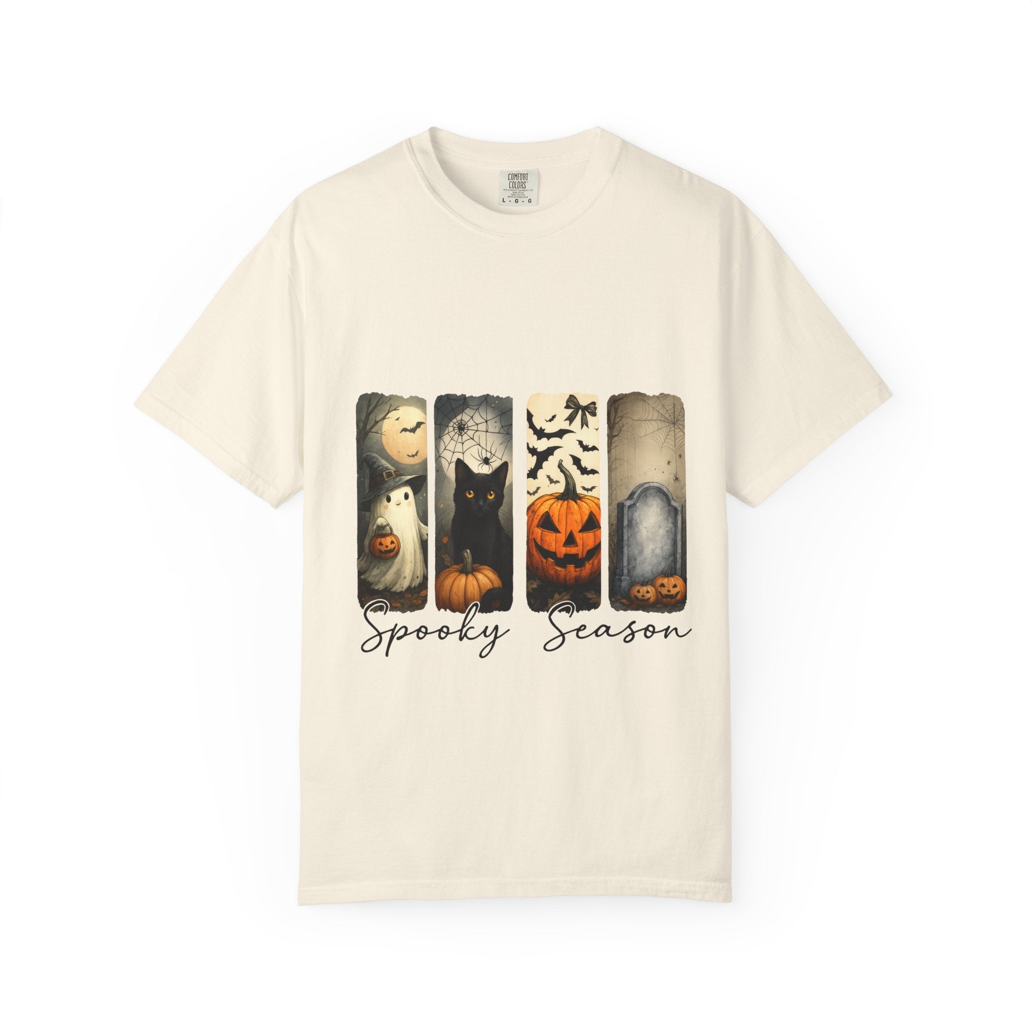 Halloween Night Unisex T-Shirt – Ghost, Black Cat, Pumpkin & Tombstone Vintage Art