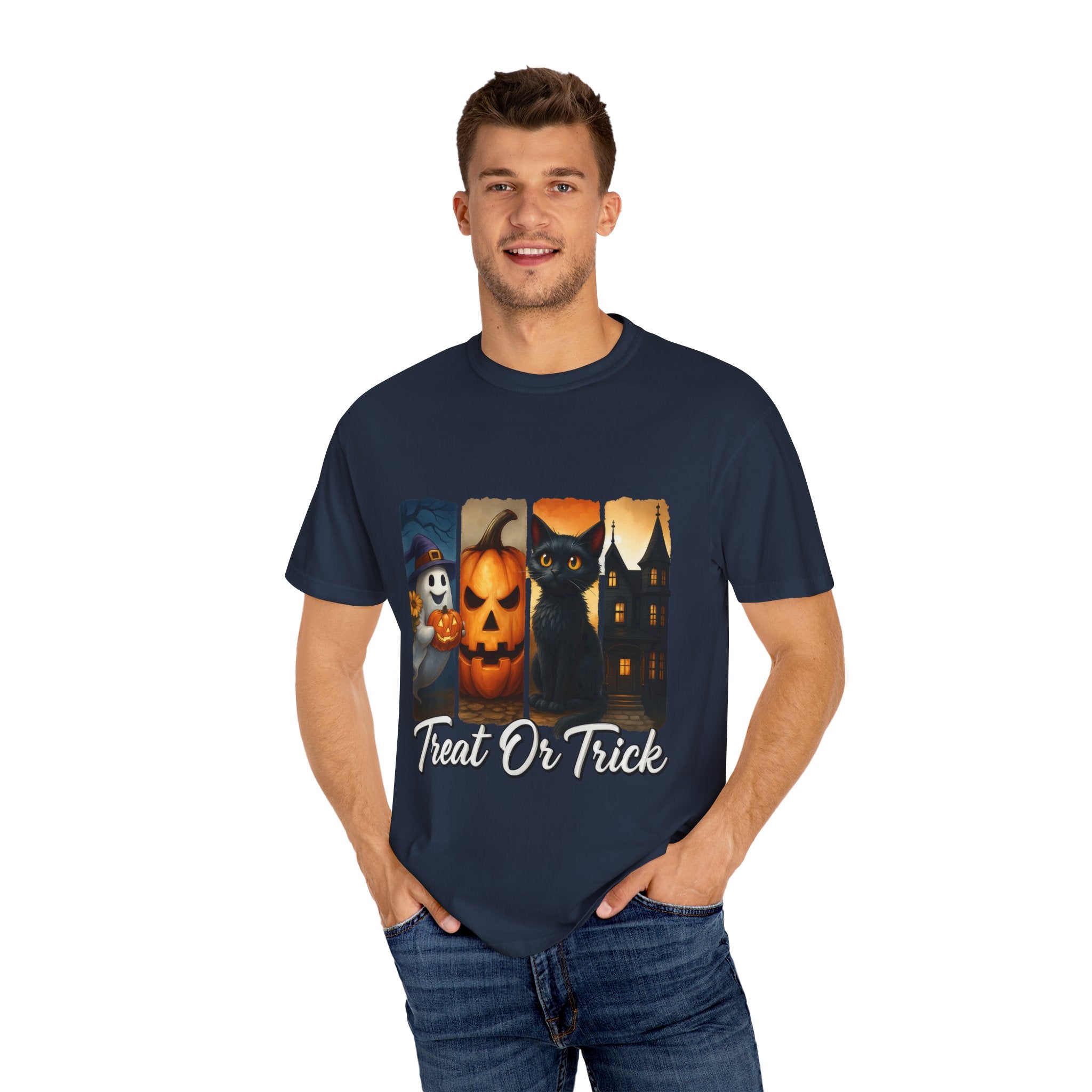 Treat Or Trick Halloween T-Shirt – Cute Ghost, Pumpkin, Black Cat & Haunted House Design
