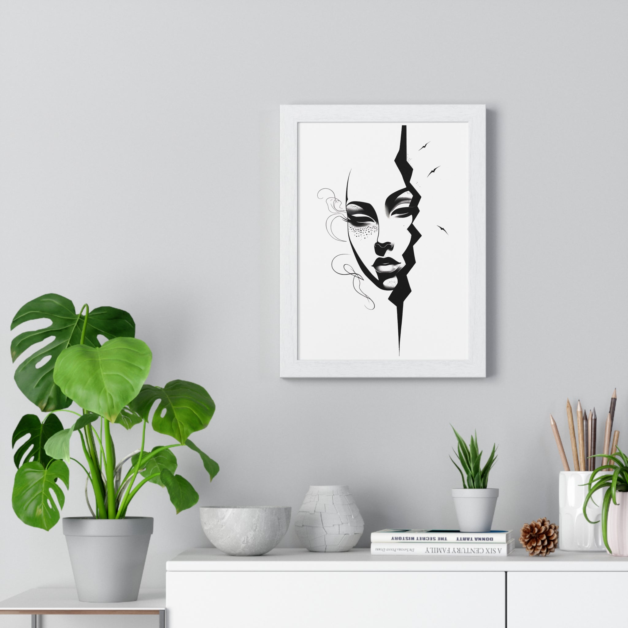 Vertical Framed Poster - Stylish Split Face Art Print | Modern Wall Decor, Home Aesthetic, Living Room Art, Unique Gift, Gallery Wall - Gallory Hive