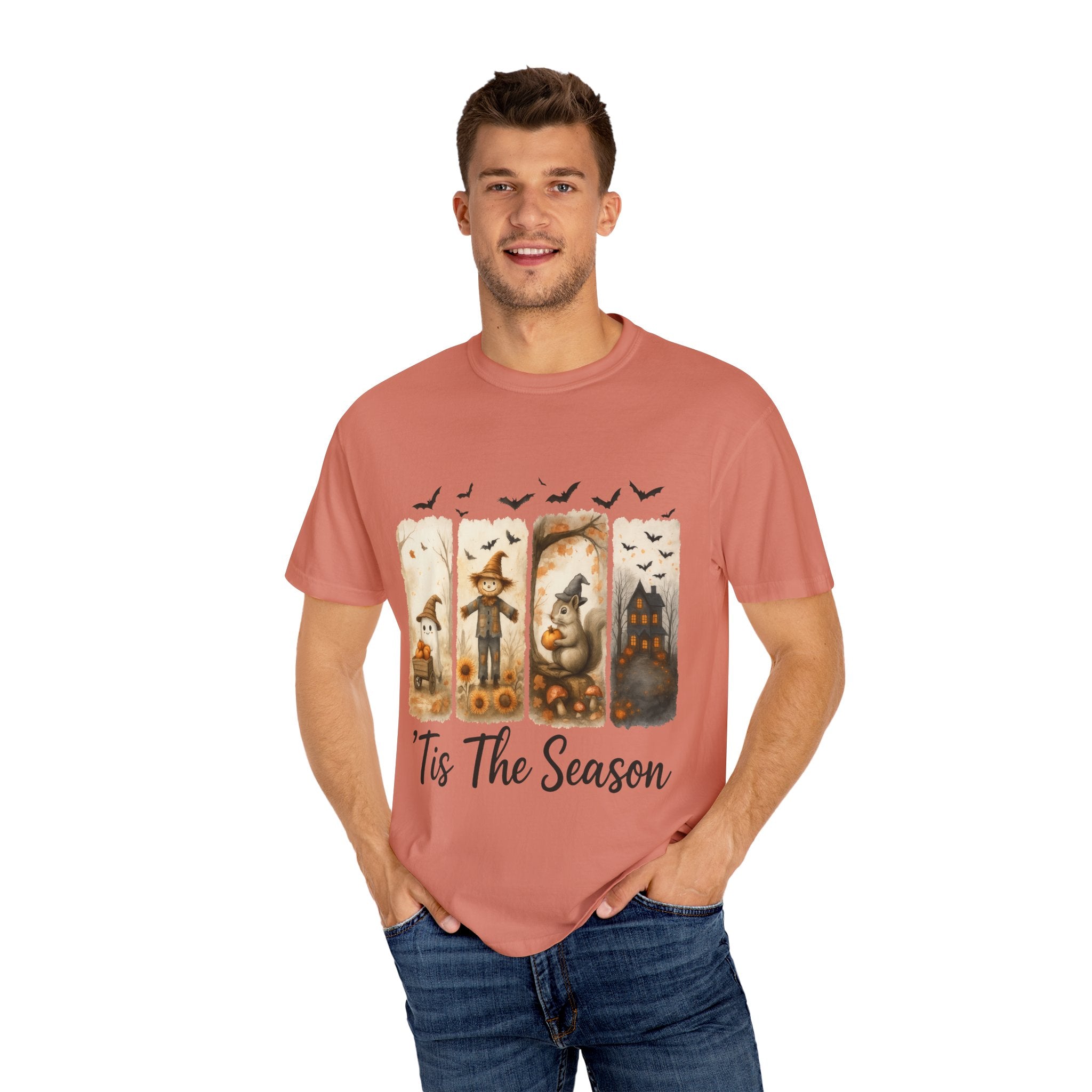 Tis The Season Fall Halloween T-Shirt – Cute Ghost, Scarecrow, Squirrel & Haunted House Design