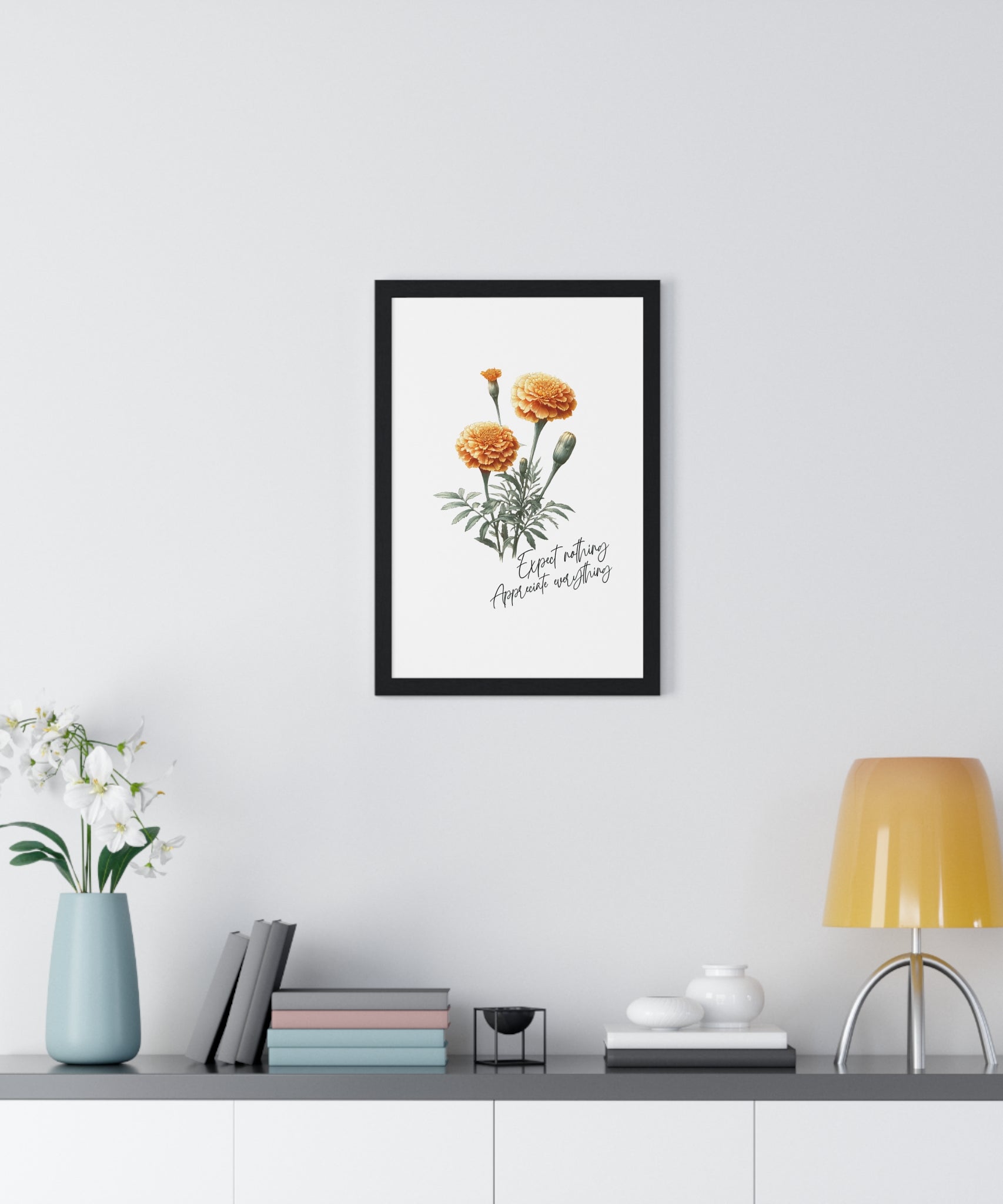 October Birth Month Flower Wall Art – Marigold Illustration with Inspirational Quote in Wooden Frame